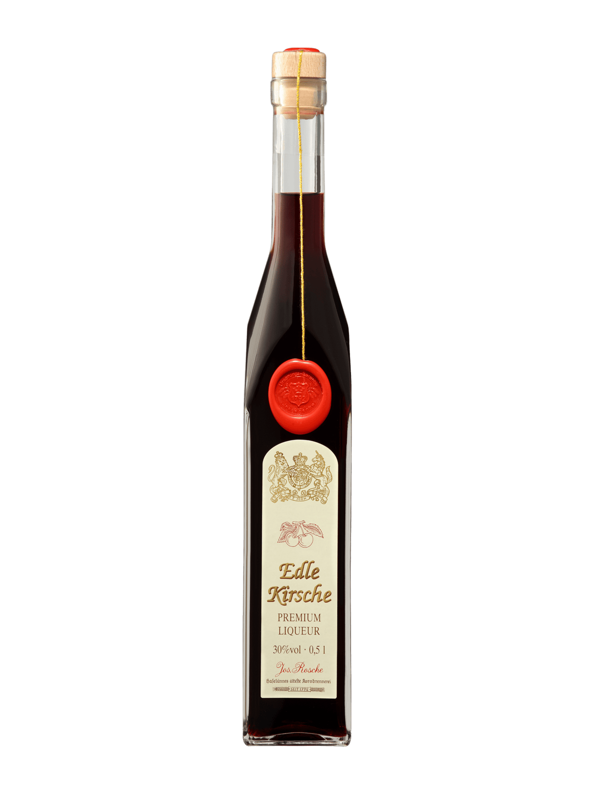 Edle Kirsche Premium Kirschlikör 0,5l Flasche mit rotem Siegel und Holzverschluss