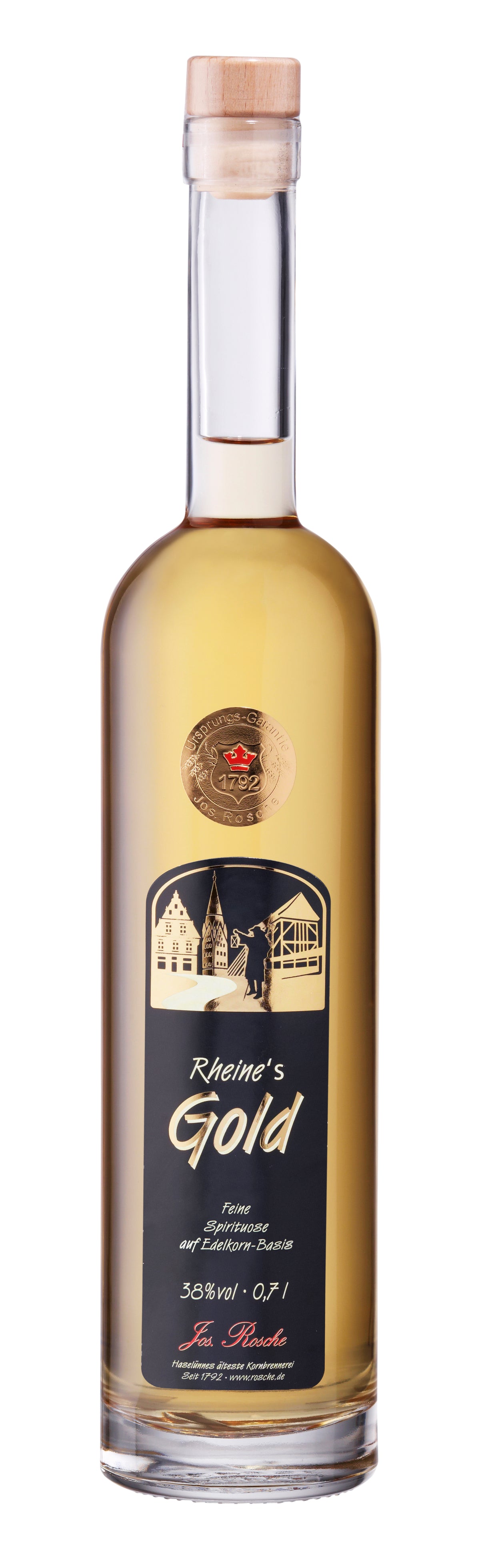 Flasche Rheine's Gold Spirituose 38% vol, 0,7 l mit schwarzem Etikett und Holzverschluss