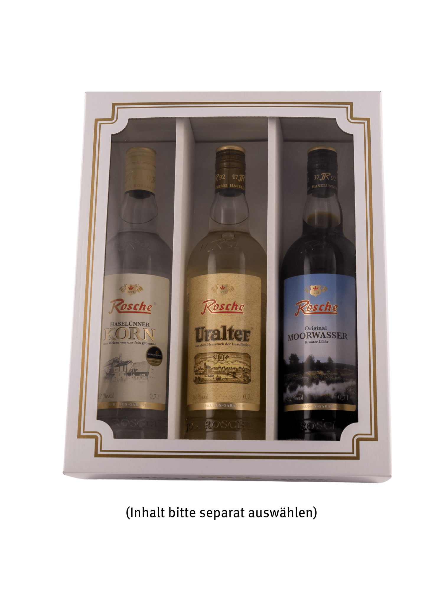 Geschenkbox mit drei Rosche Spirituosenflaschen: Haselünner Korn, Uralter und Original Moorwasser