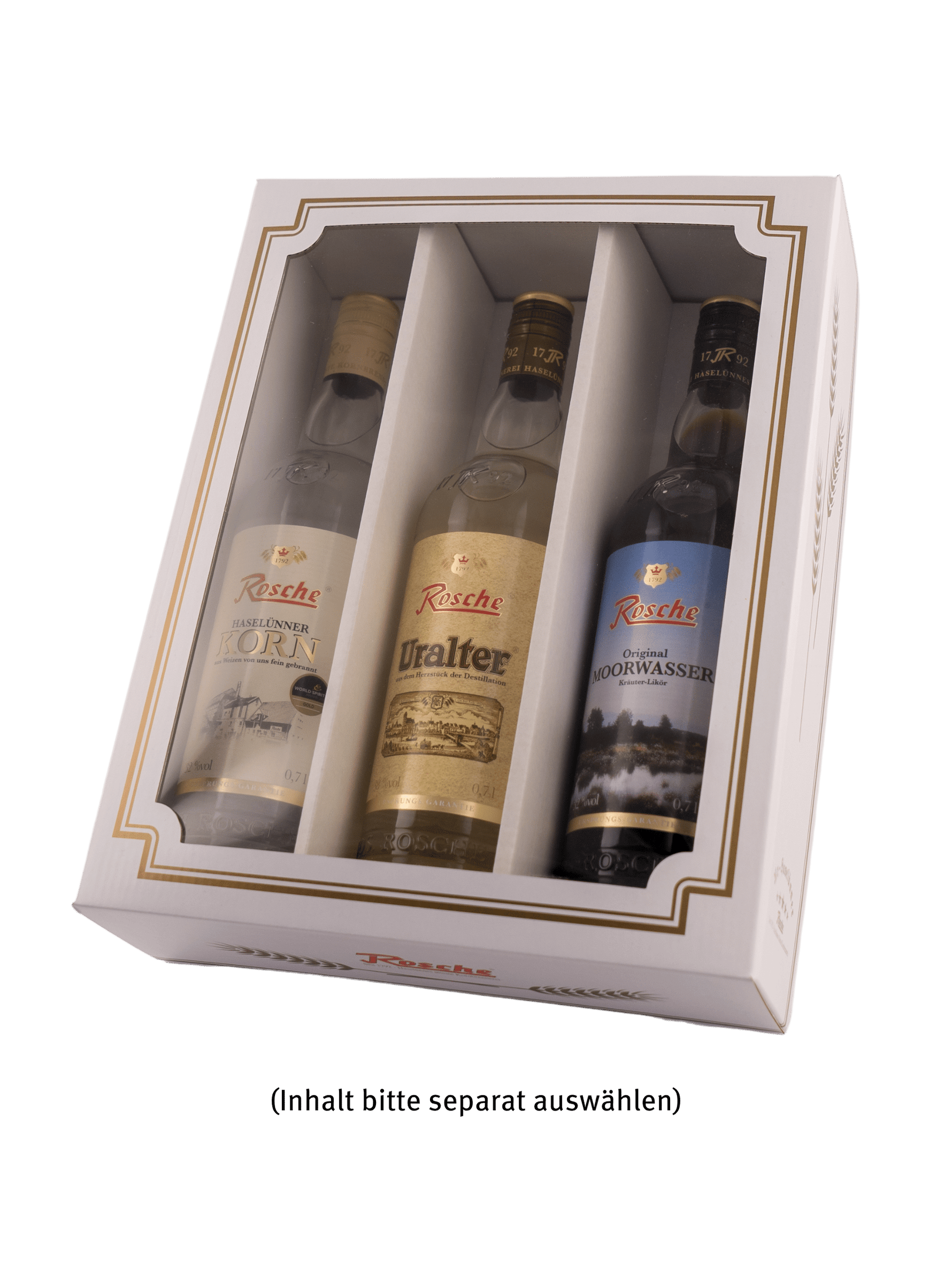 Rosche Geschenkbox mit drei Spirituosenflaschen: Haselünner Korn, Uralter, Original Moorwasser