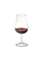 Rosche Glas mit rotem Wein, elegant geformtes Weinglas mit 2cl Markierung und Logo