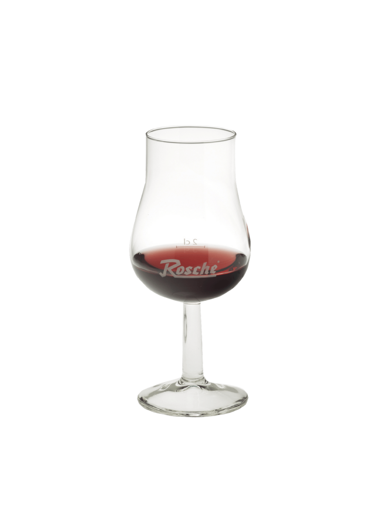 Rosche Glas mit rotem Wein, elegant geformtes Weinglas mit 2cl Markierung und Logo