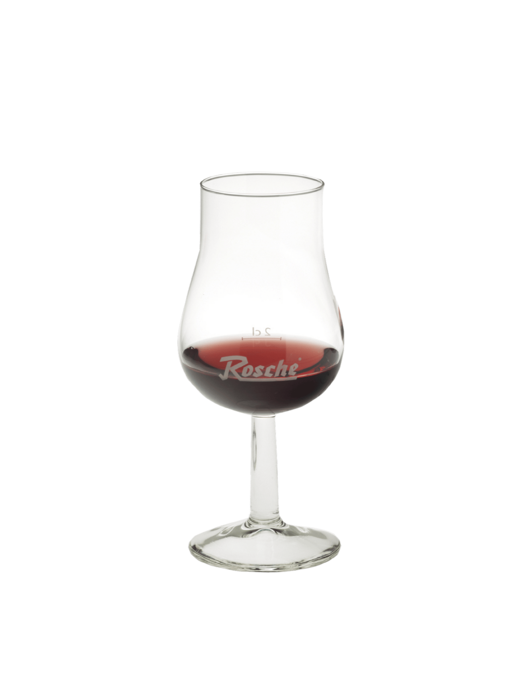 Rosche Glas mit rotem Wein, elegant geformtes Weinglas mit 2cl Markierung und Logo
