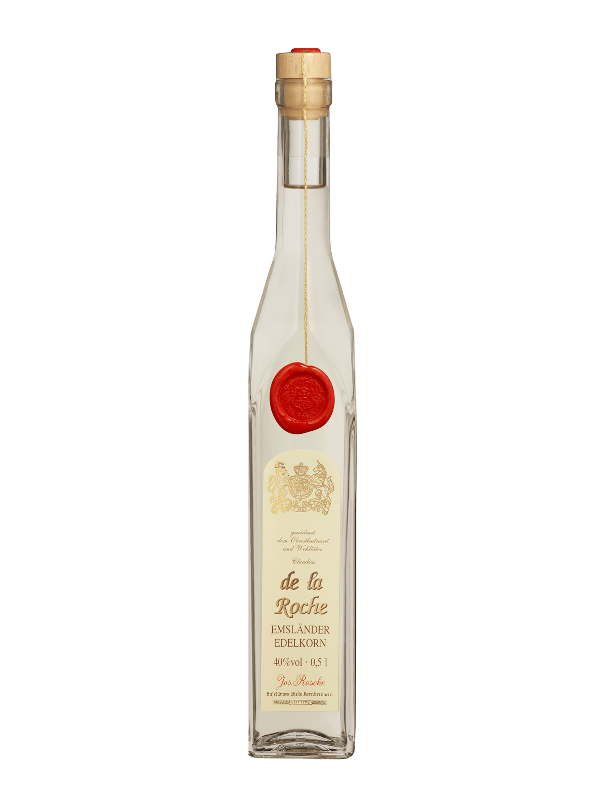 Flasche de la Roche Emsländer Edelkorn 40% vol 0,5 l mit rotem Siegellack und Holzverschluss