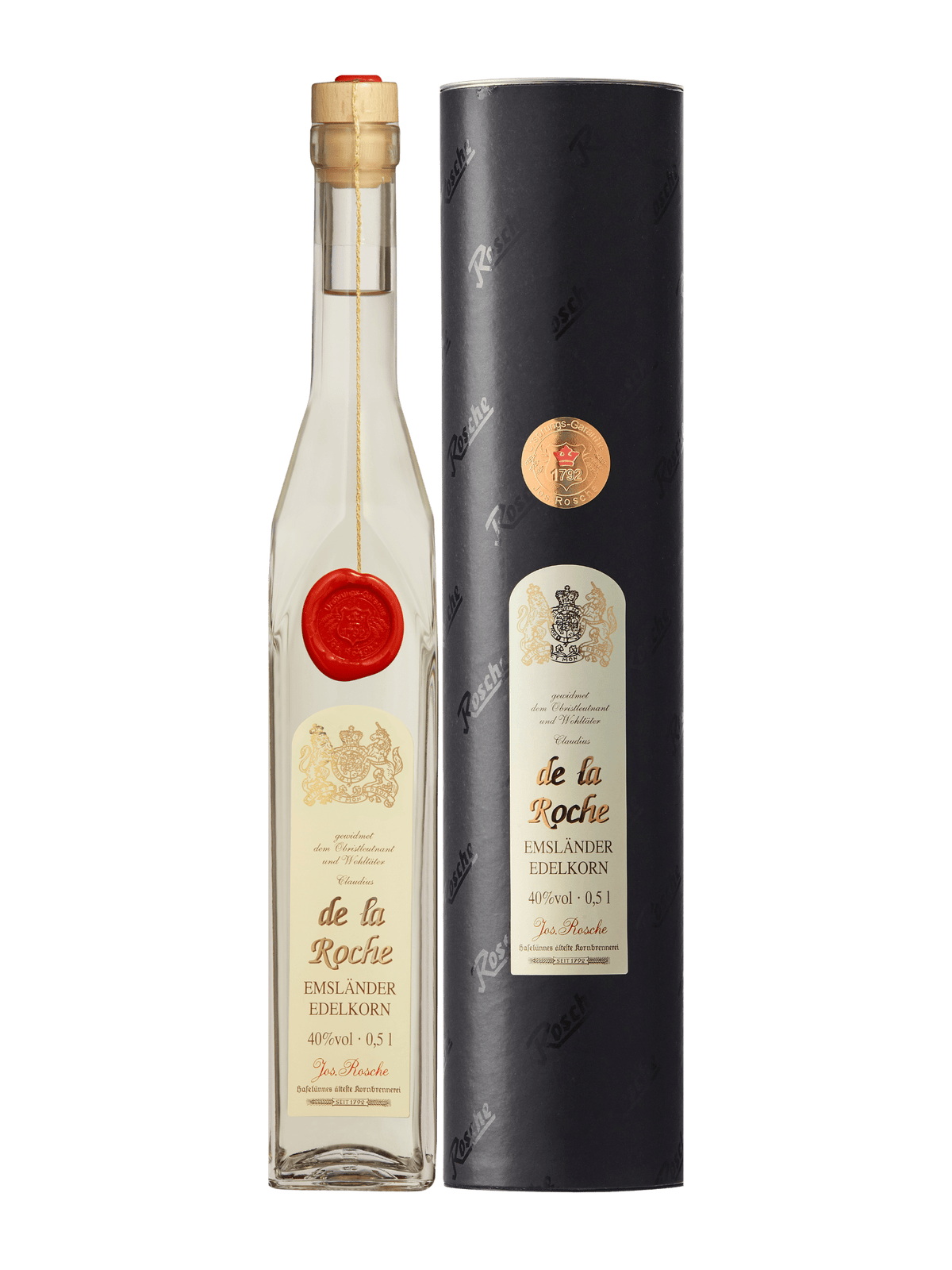 Flasche de la Roche Emsländer Edelkorn 40% vol neben schwarzer Geschenkverpackung