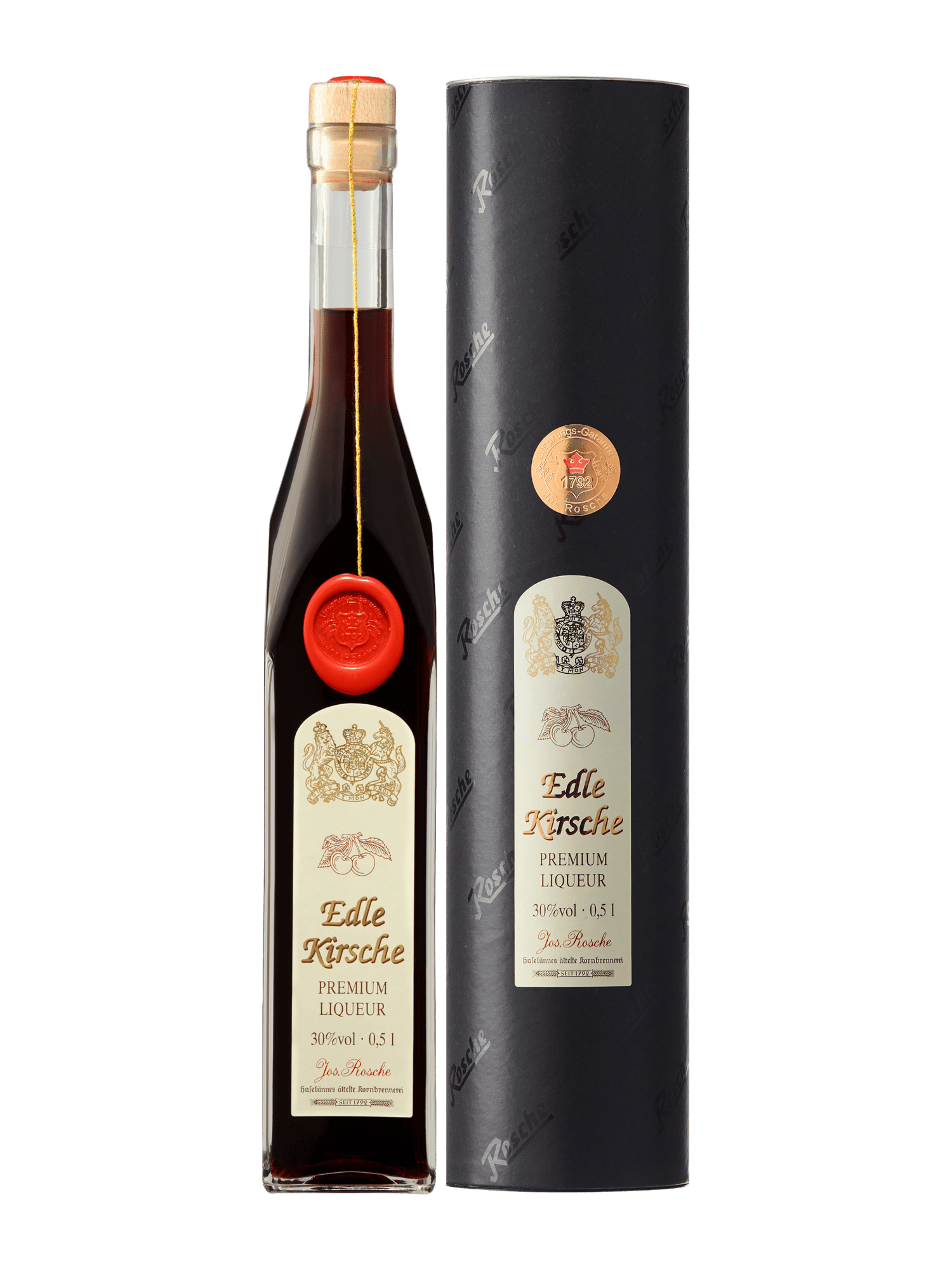 Edle Kirsche Premium Kirschlikör Flasche 0,5 l mit rotem Siegel neben schwarzer Geschenkverpackung