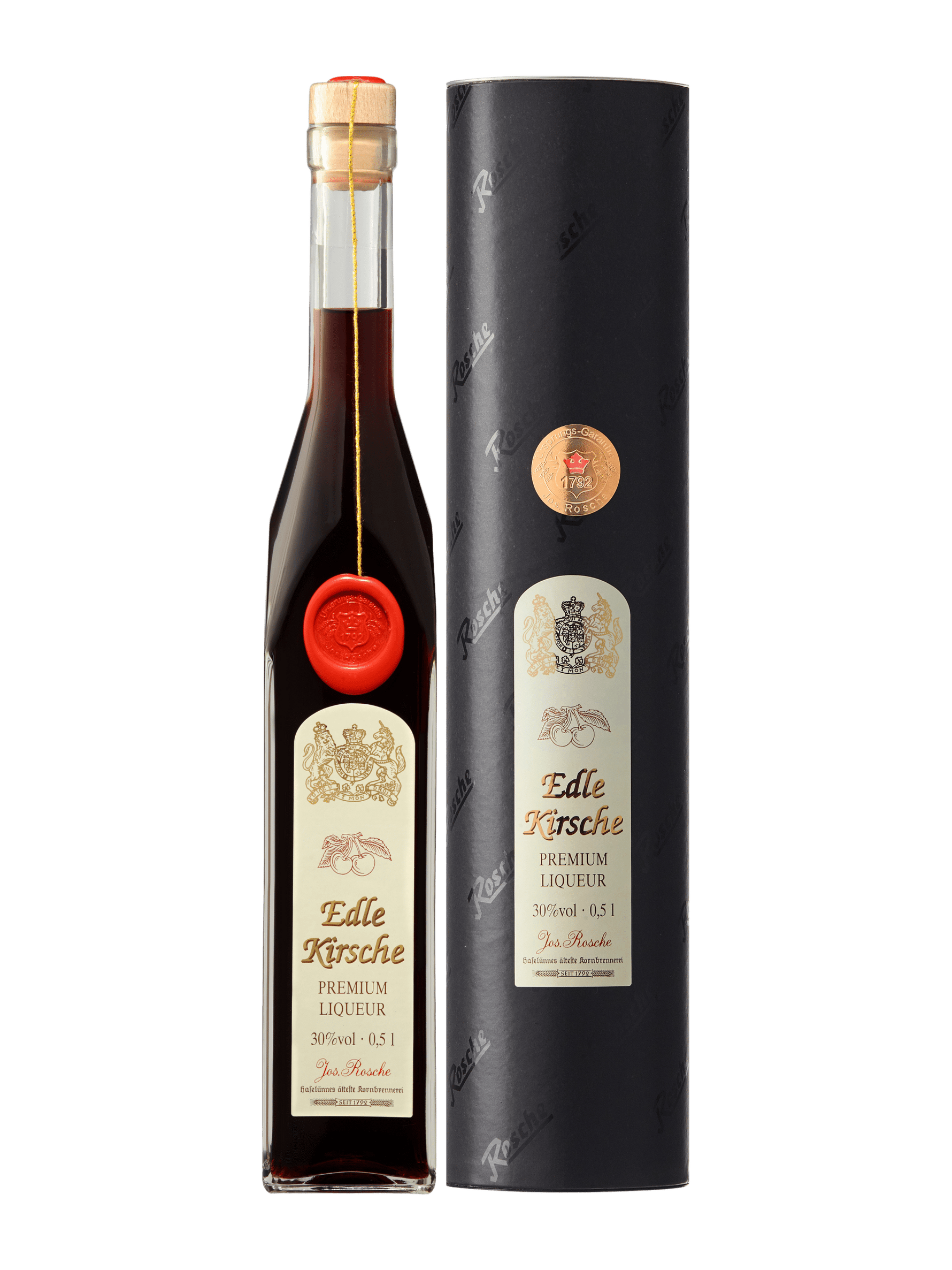 Edle Kirsche Premium Kirschlikör Flasche 0,5 l mit rotem Siegel neben schwarzer Geschenkverpackung