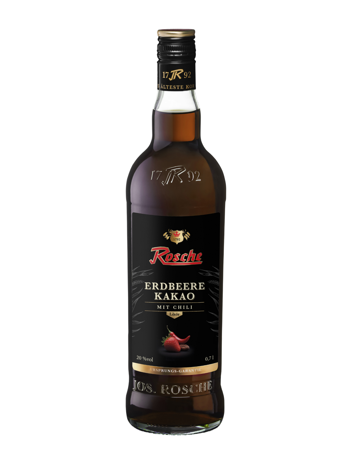 Rosche Erdbeere-Kakao mit Chili Likör in der 0,7l Flasche - freigestellt