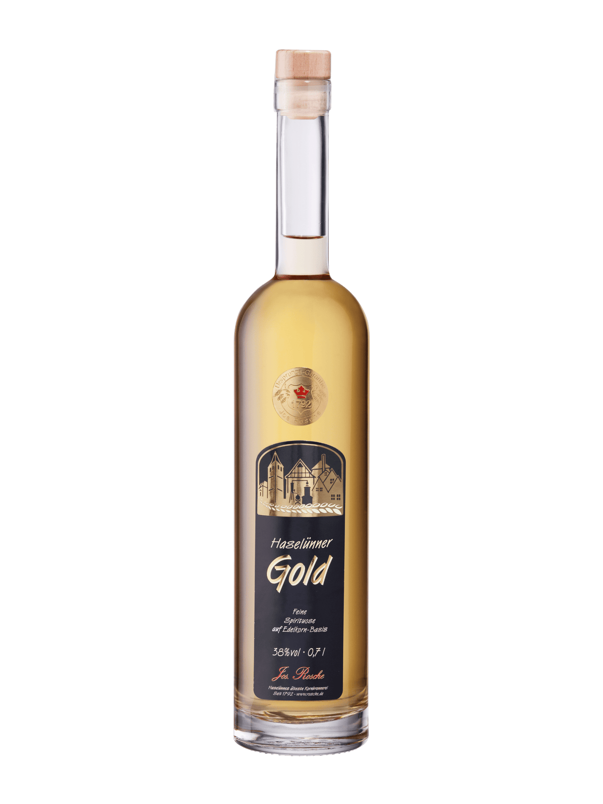 Flasche Haselünner Gold Spirituose 0,7l mit 38% Volumen Alkohol, edler Edelkorngrundlage