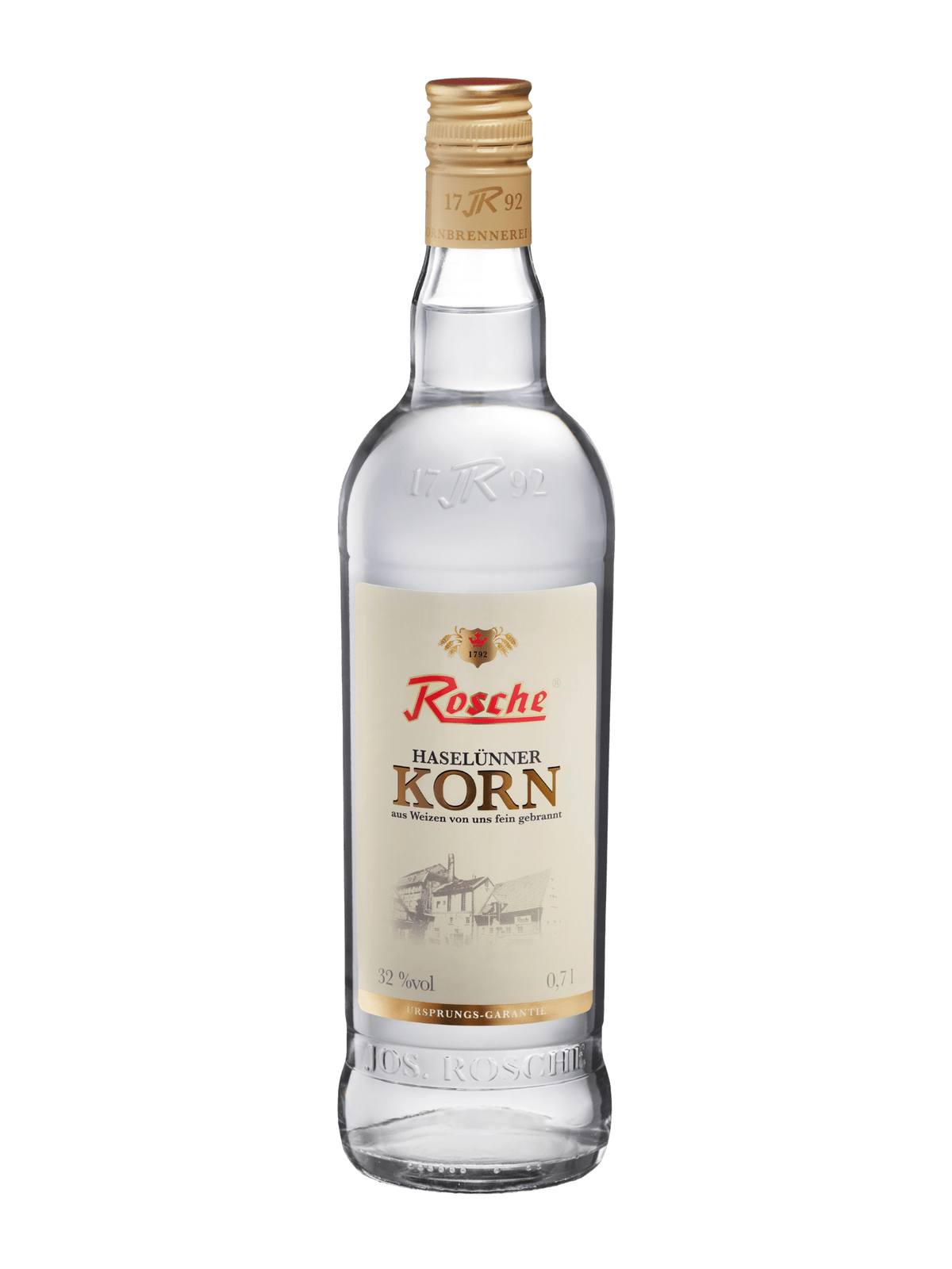 Rosche Haselünner Korn 0,7l Kornbrand Flasche mit 32% Vol Alkohol auf transparentem Hintergrund
