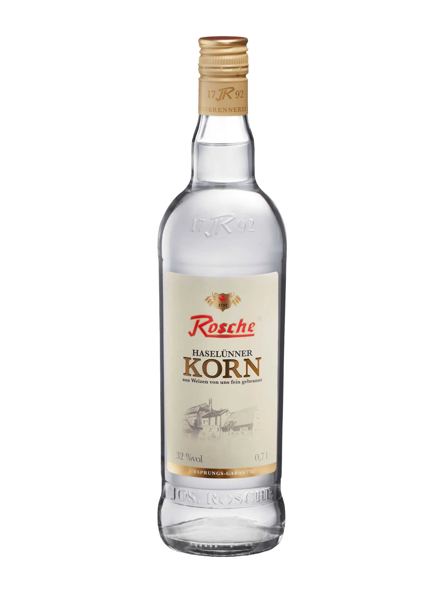 Rosche Haselünner Korn 0,7l Kornbrand Flasche mit 32% Vol Alkohol auf transparentem Hintergrund