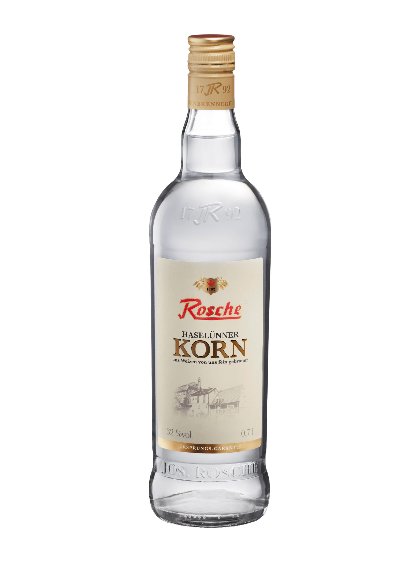 Rosche Haselünner Korn 0,7l Kornbrand Flasche mit 32% Vol Alkohol auf transparentem Hintergrund