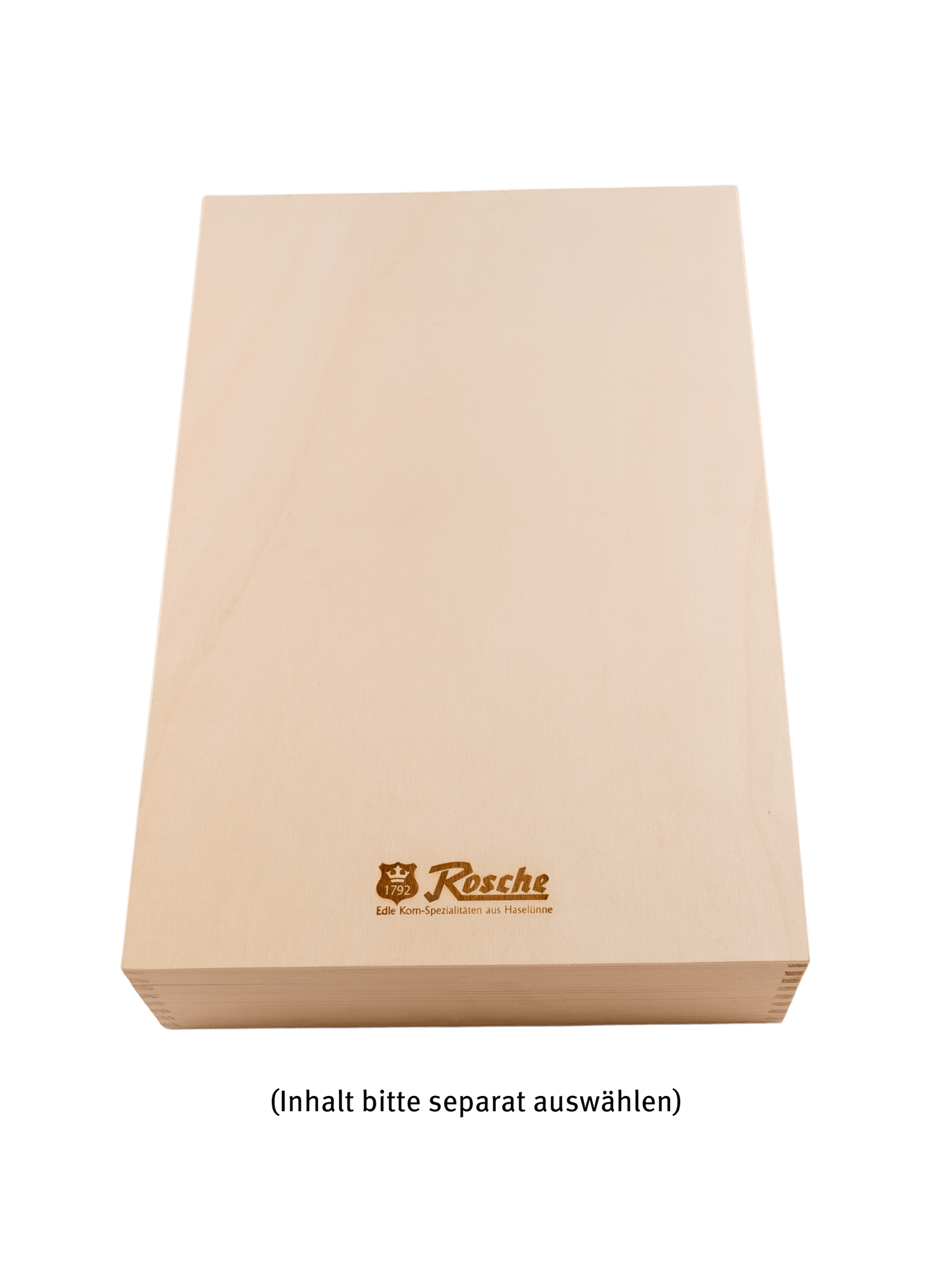 Rosche Holz Geschenkbox aus hellem Holz mit geprägtem Firmenlogo und Schriftzug