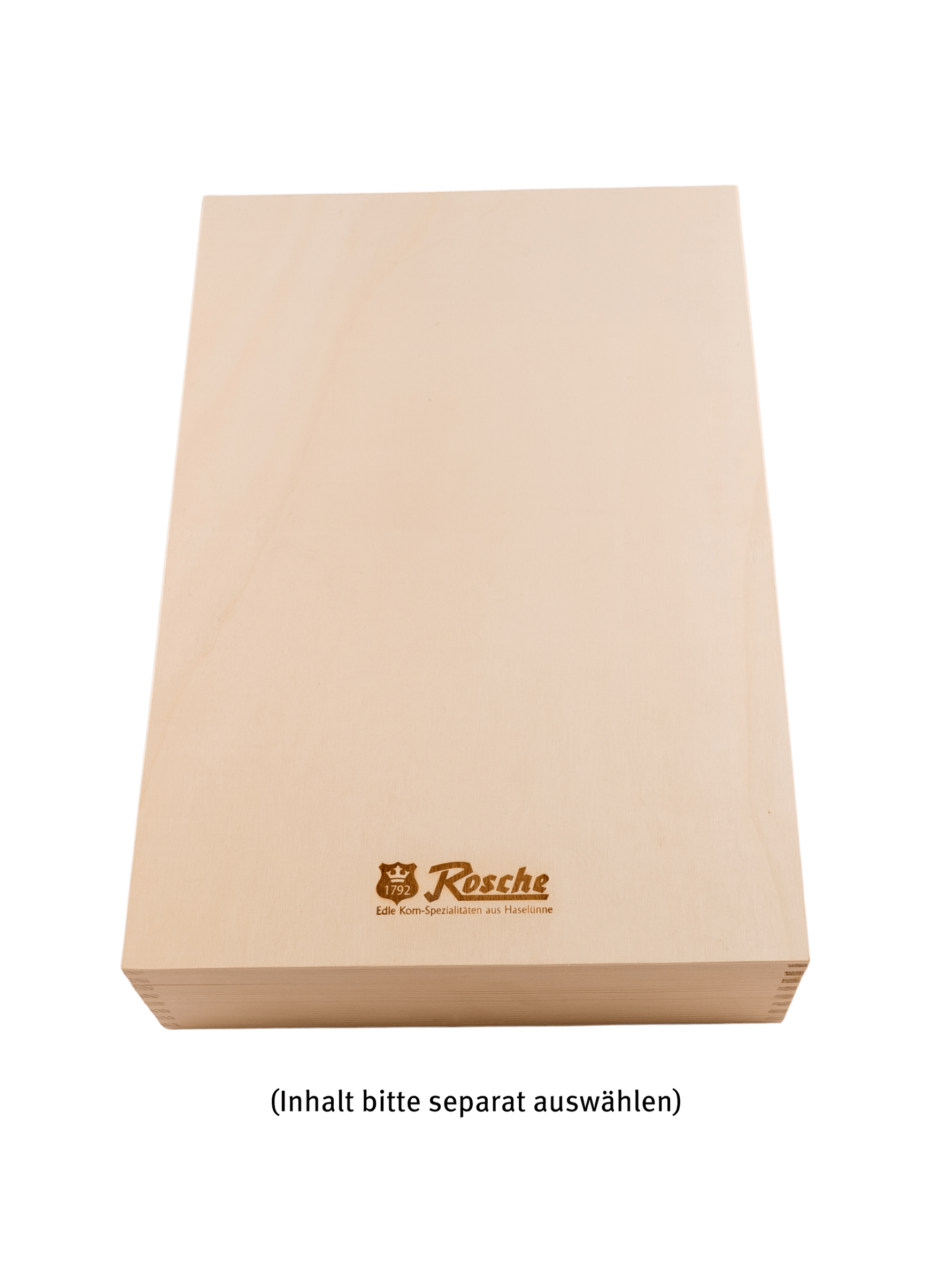 Rosche Holz Geschenkbox aus hellem Holz mit geprägtem Firmenlogo und Schriftzug