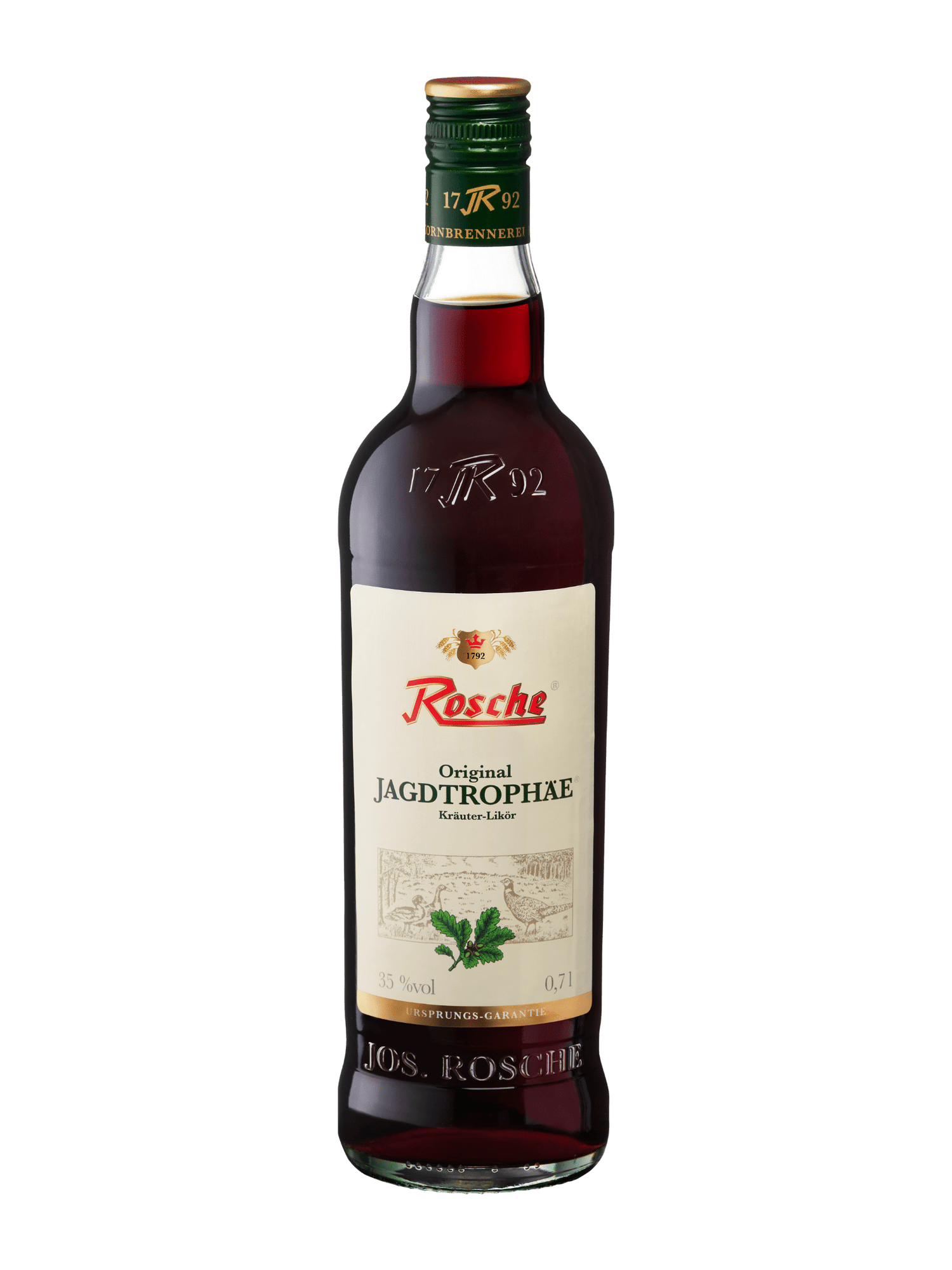 Flasche Rosche Original Jagdtrophäe Kräuter-Likör 35% Vol, 0,7 Liter in braunem Glas