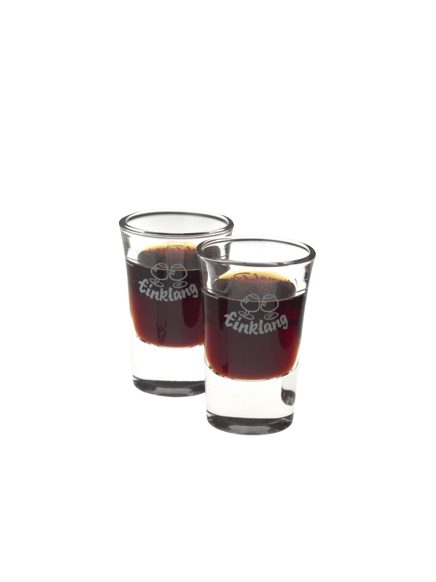Zwei mit dunklem Likör gefüllte Stamper-Gläser mit Tinklang-Logo auf weißem Hintergrund