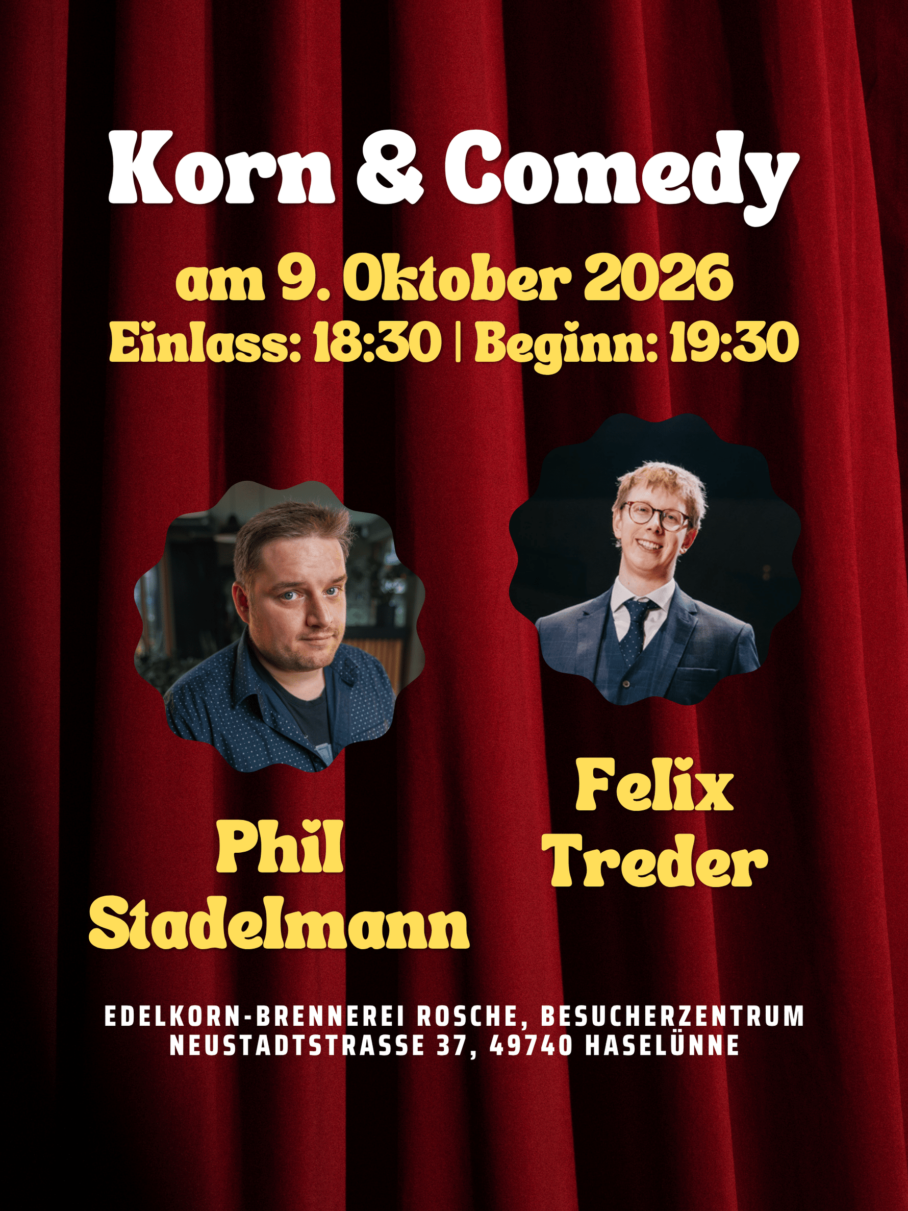 Banner für das Korn & Comedy Event am 9.10.2026 mit Phil Stadelmann und Felix Treder