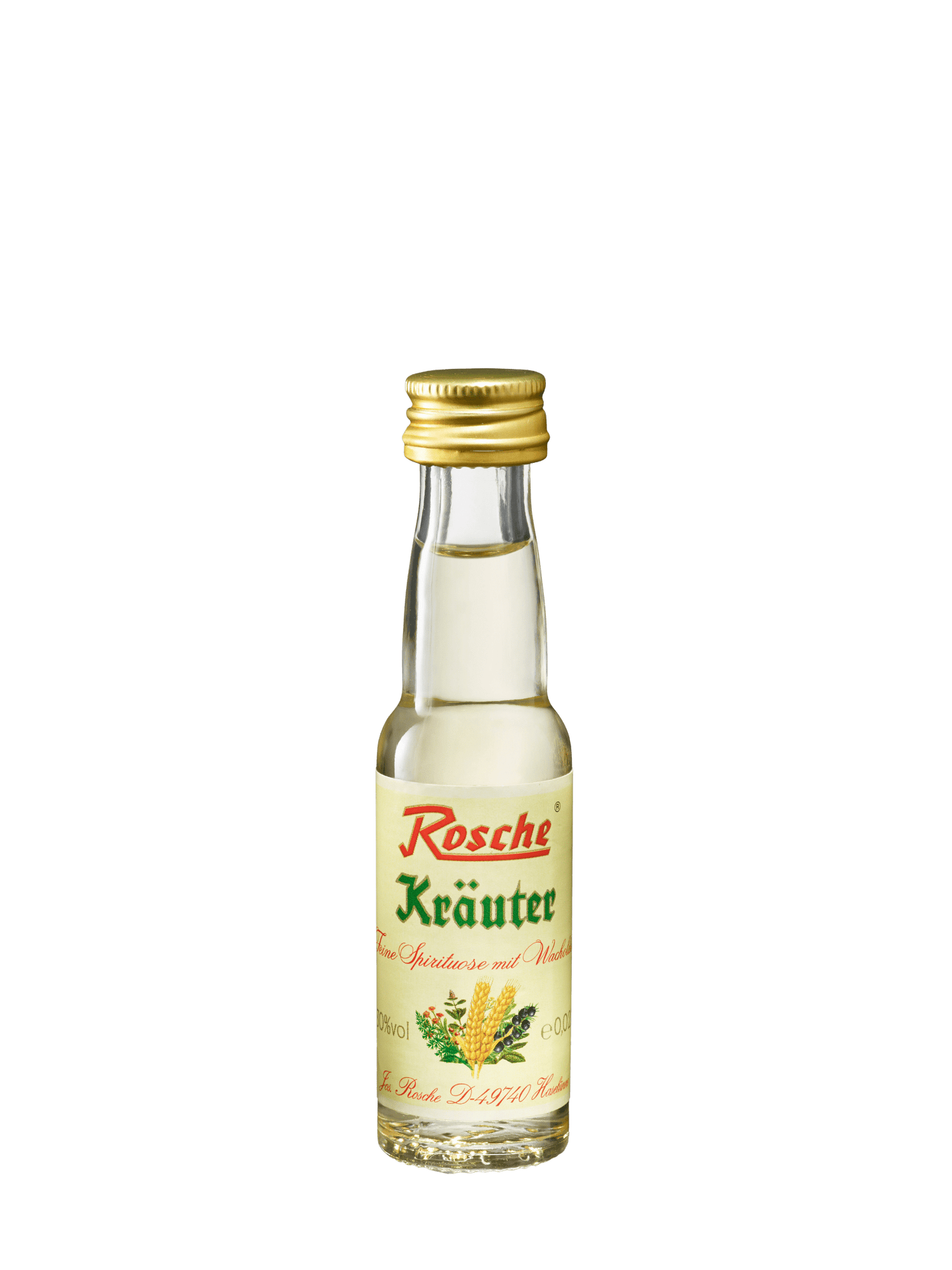 flasche rosche kräuter spirituose mit wacholder klarer likör goldener verschluss