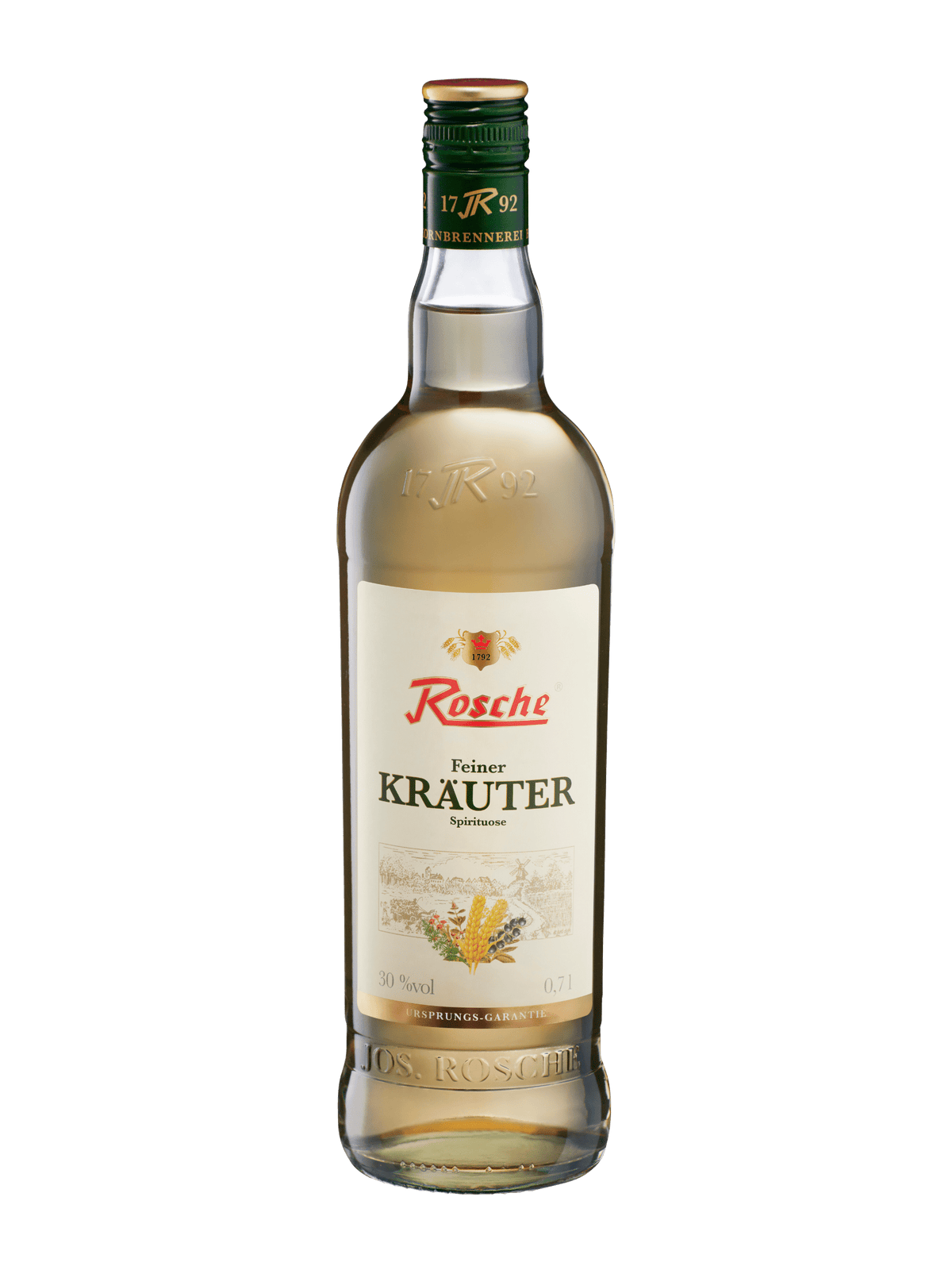 Flasche Rosche Feiner Kräuter Spirituose 0,7l mit 30 % Vol Alkohol in grüner Kappe