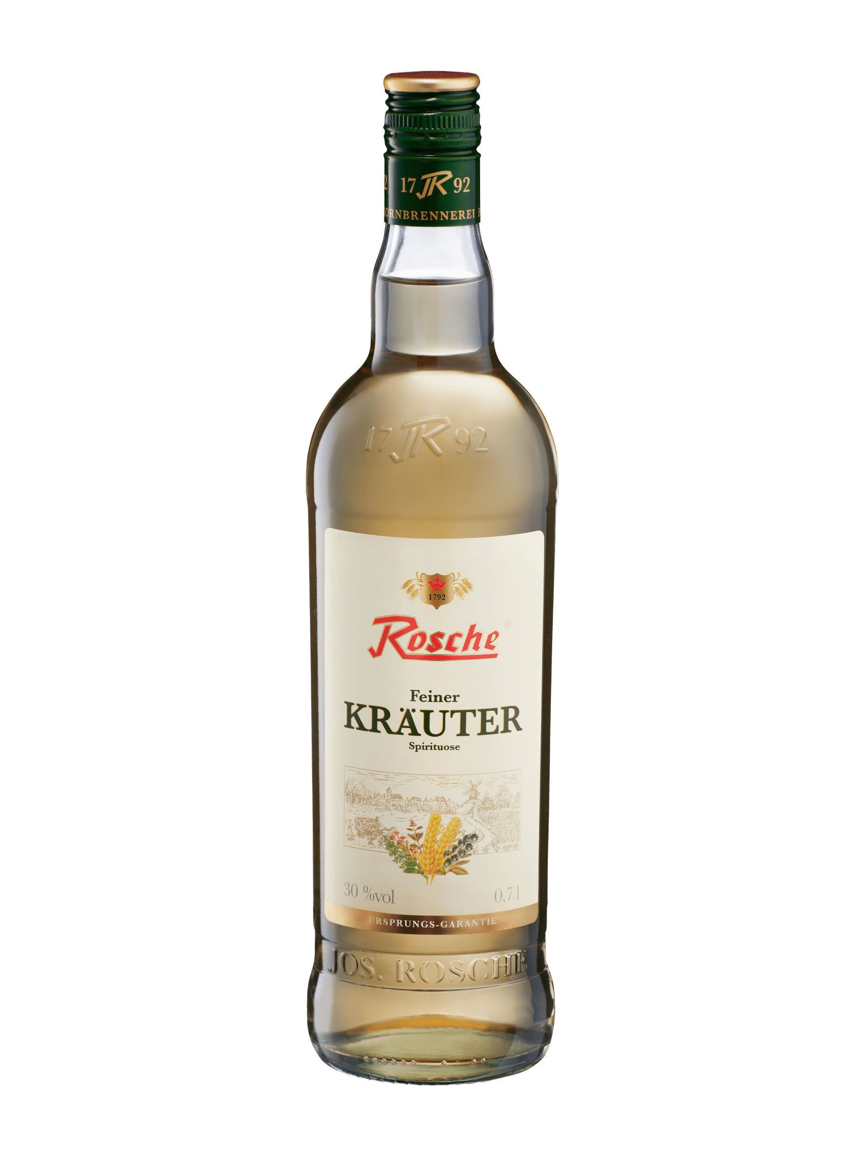 Flasche Rosche Feiner Kräuter Spirituose 0,7l mit 30 % Vol Alkohol in grüner Kappe