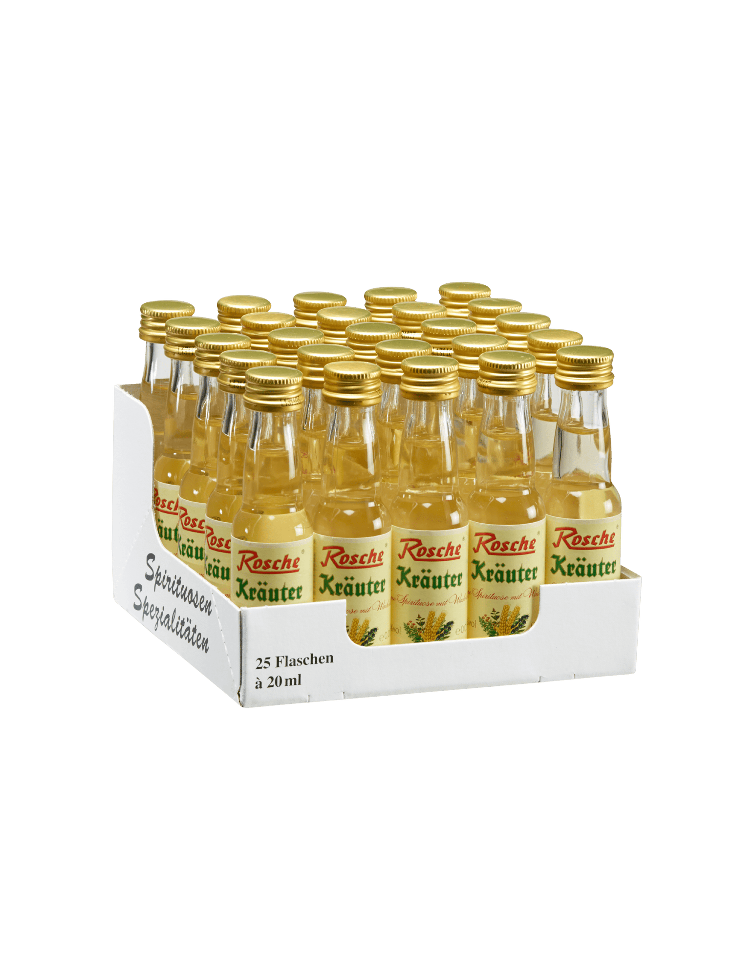 25 kleine Flaschen Rosche Kräuter Spirituosen mit Wacholder in einem weißen Karton
