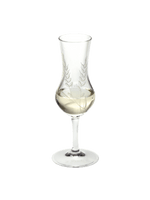 Kristallglas mit Ähren-Gravur und hellem Getränk, eleganter Stielglas Kelch