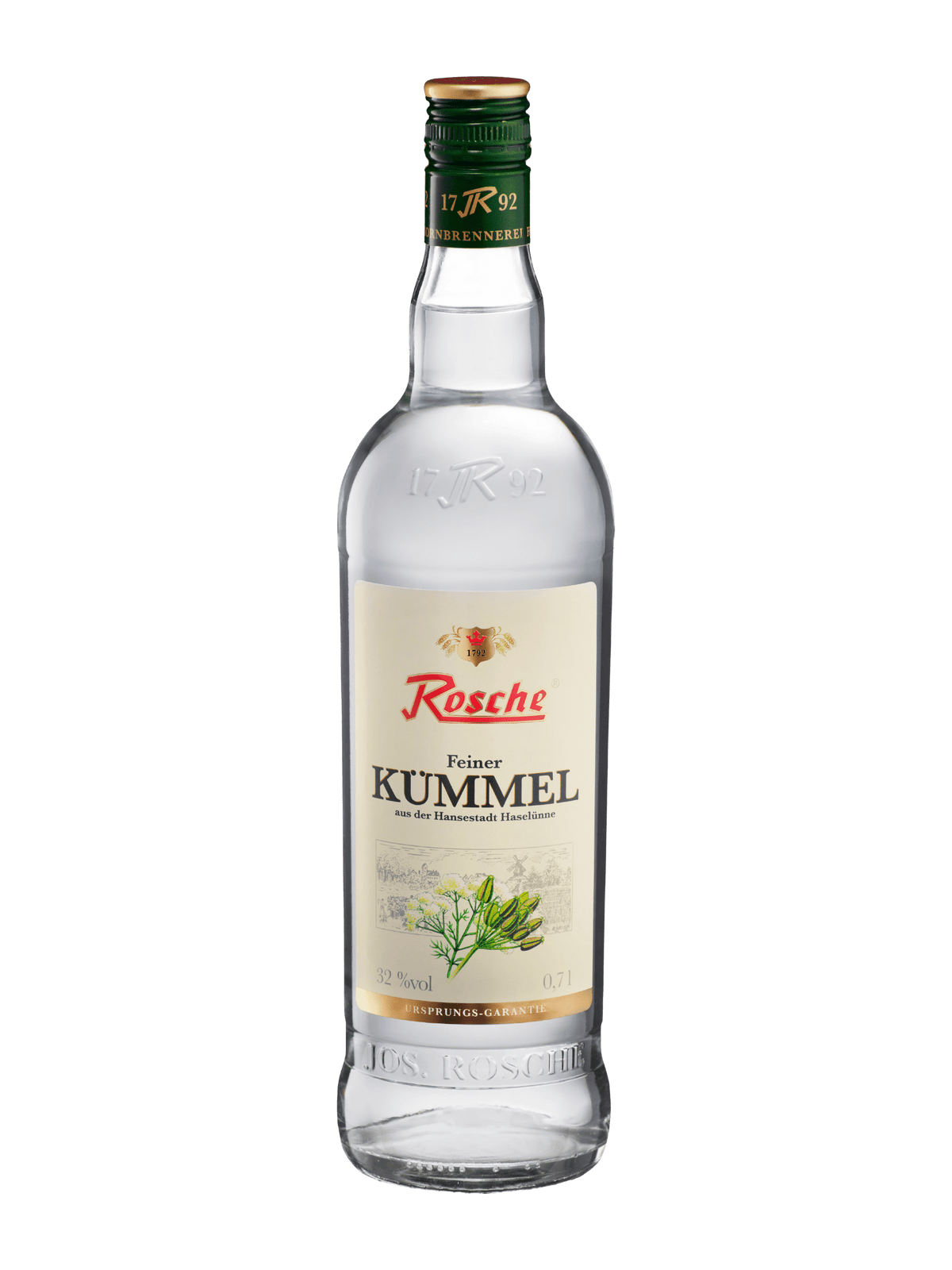 Rosche Feiner Kümmel 0,7l Flasche mit grünem Verschluss und Dill-Samen Motiv