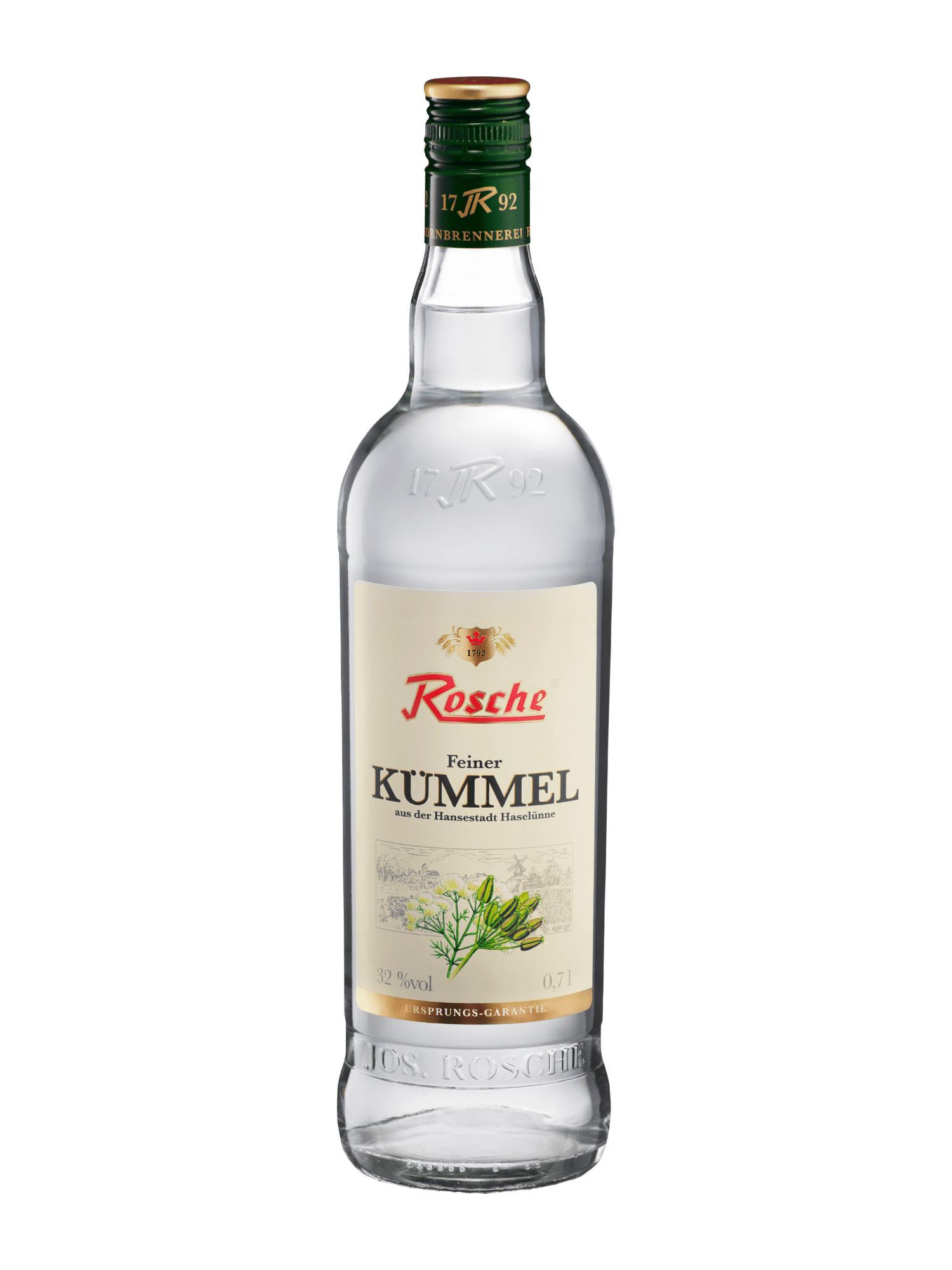 Rosche Feiner Kümmel 0,7l Flasche mit grünem Verschluss und Dill-Samen Motiv