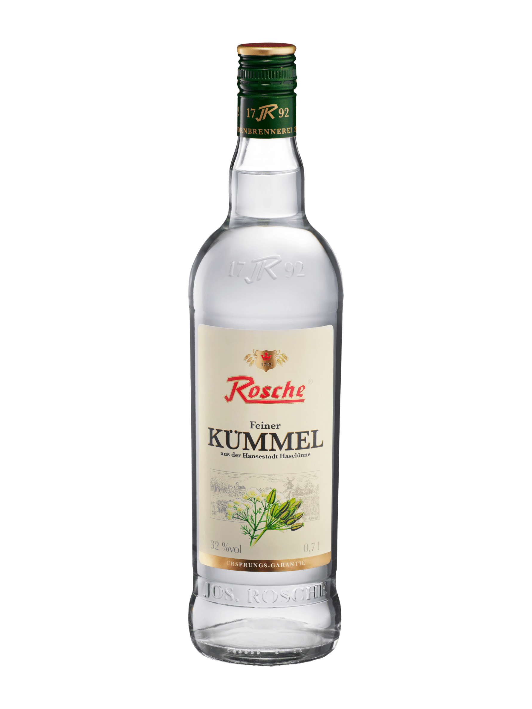 Rosche Feiner Kümmel 0,7l Flasche mit grünem Verschluss und Dill-Samen Motiv