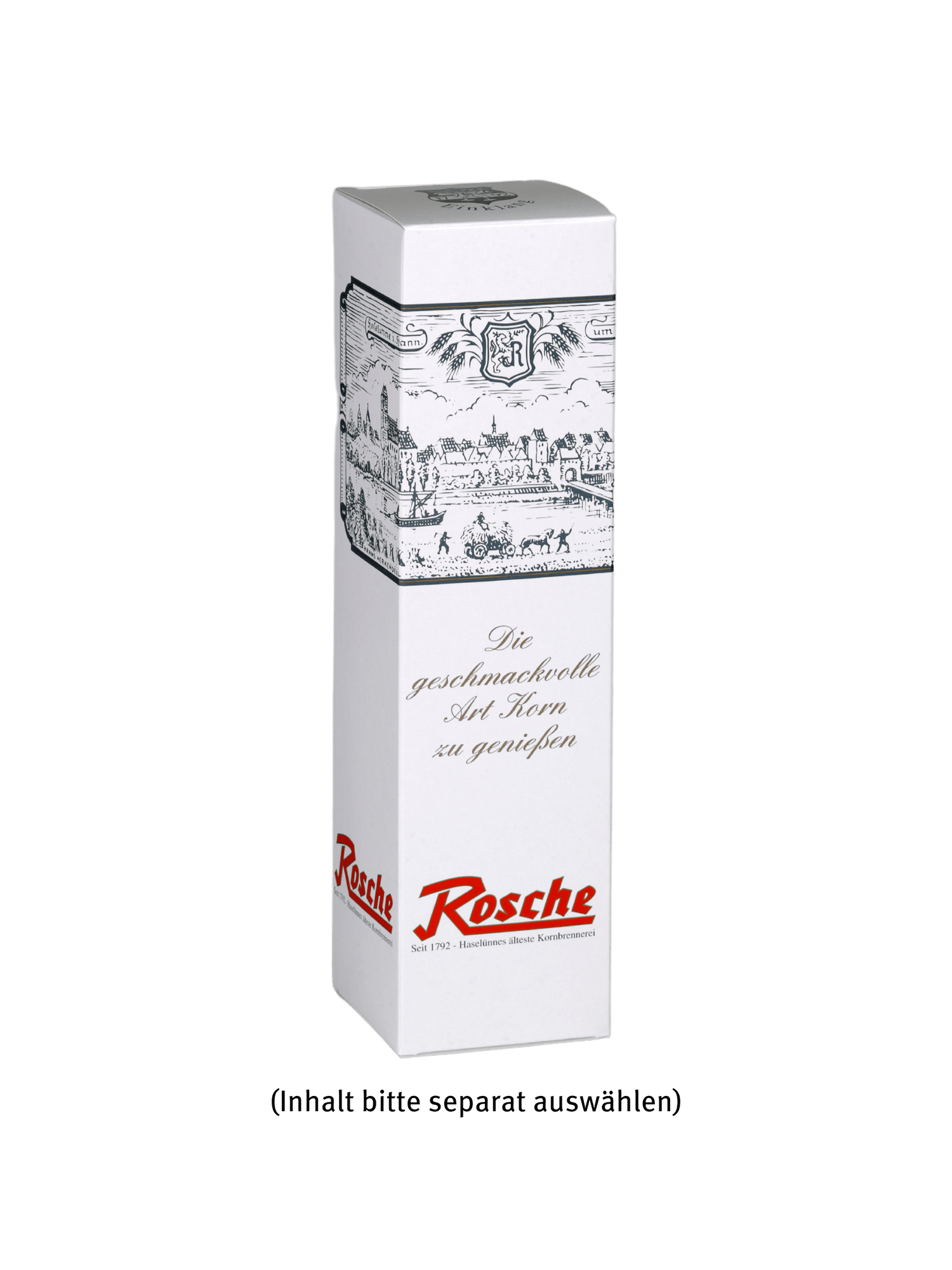 Weiße Faltschachtel mit historischer Illustration und Rosche Logo für Kornbrand aus Haselünne