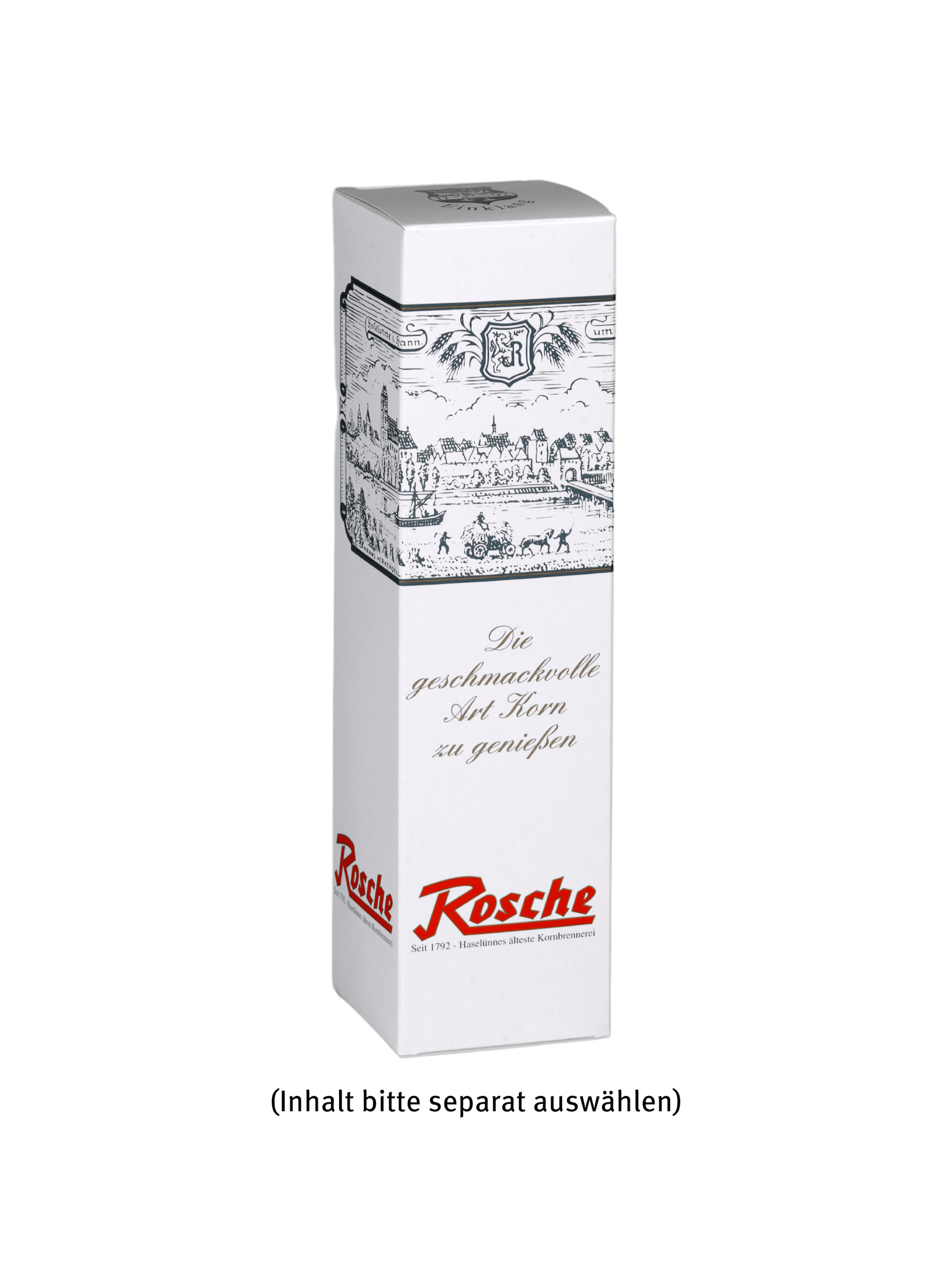 Weiße Faltschachtel mit historischer Illustration und Rosche Logo für Kornbrand aus Haselünne