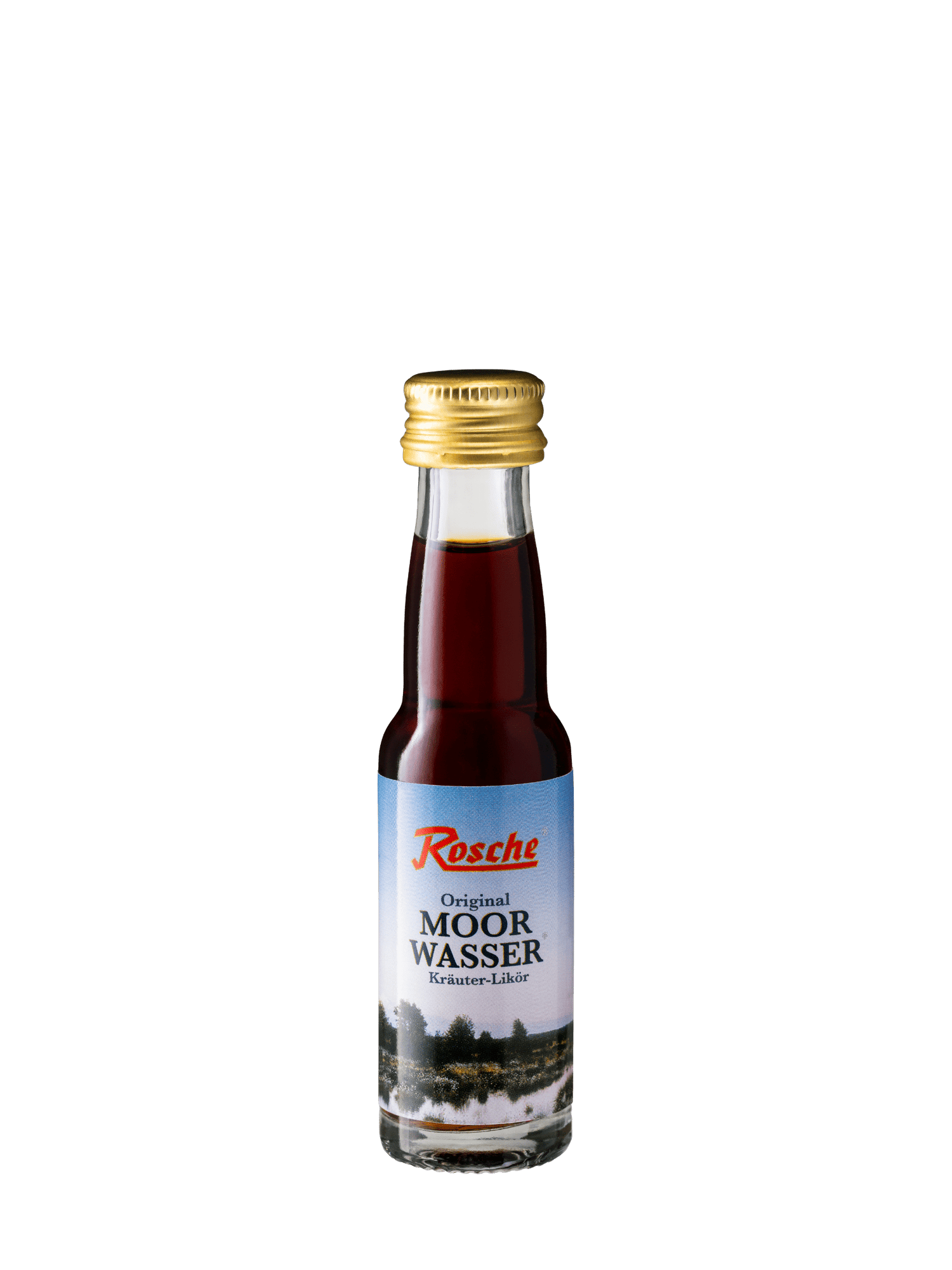 Flasche Rosche Original Moorwasser Kräuter-Likör mit goldenem Schraubverschluss vor schwarzem Hintergrund