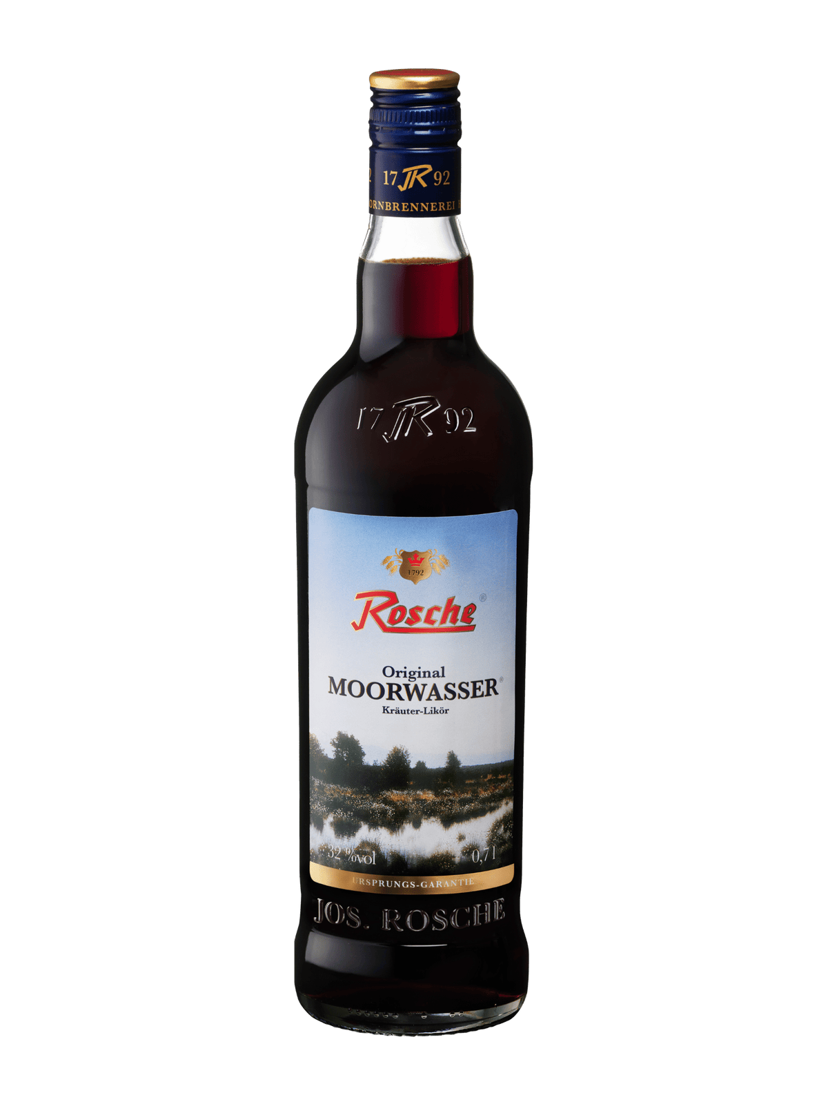 Flasche Rosche Original Moorwasser Kräuter-Likör 0,7l mit blauem Etikett und Moorlandschaft
