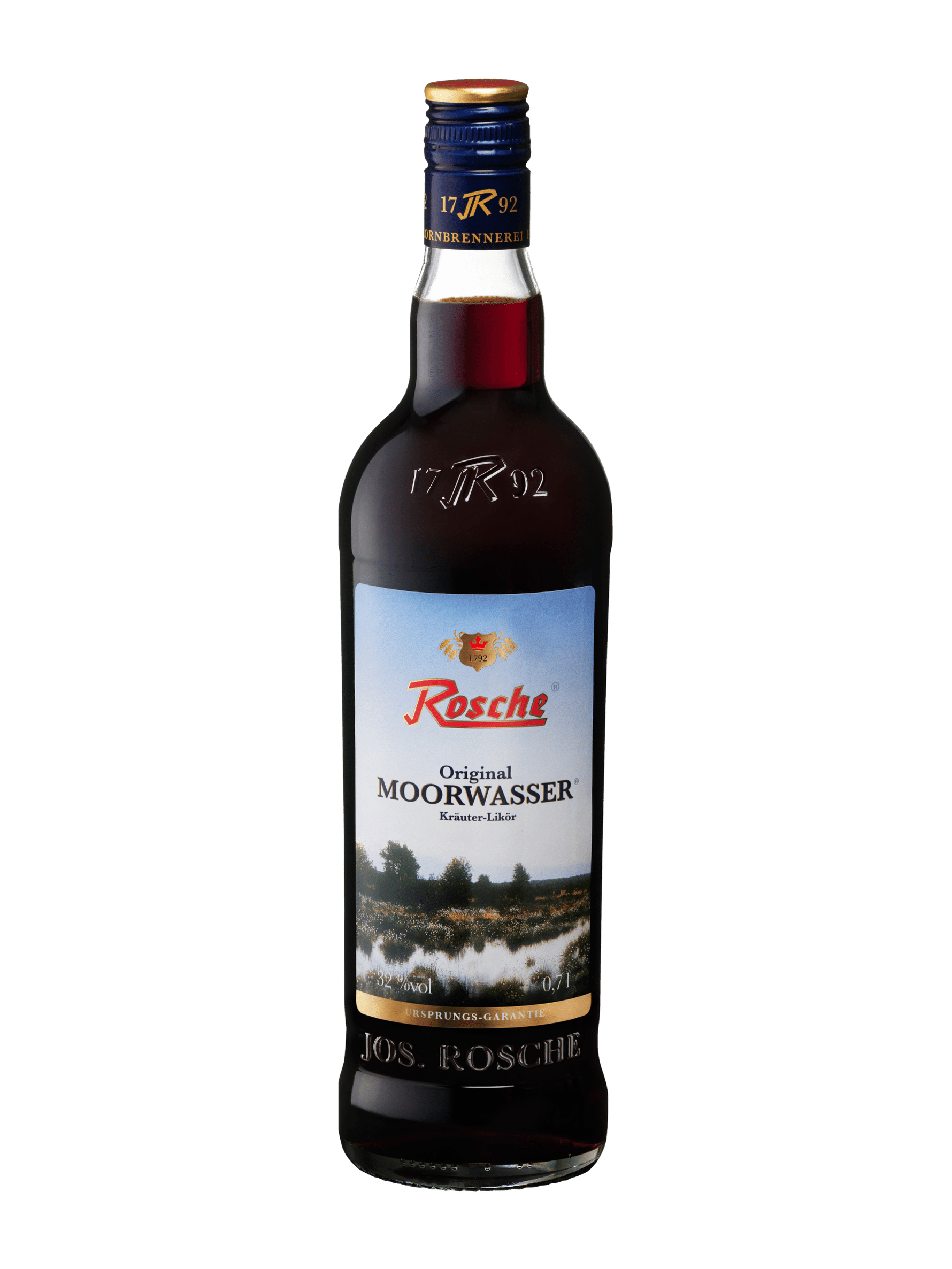 Flasche Rosche Original Moorwasser Kräuter-Likör 0,7l mit blauem Etikett und Moorlandschaft