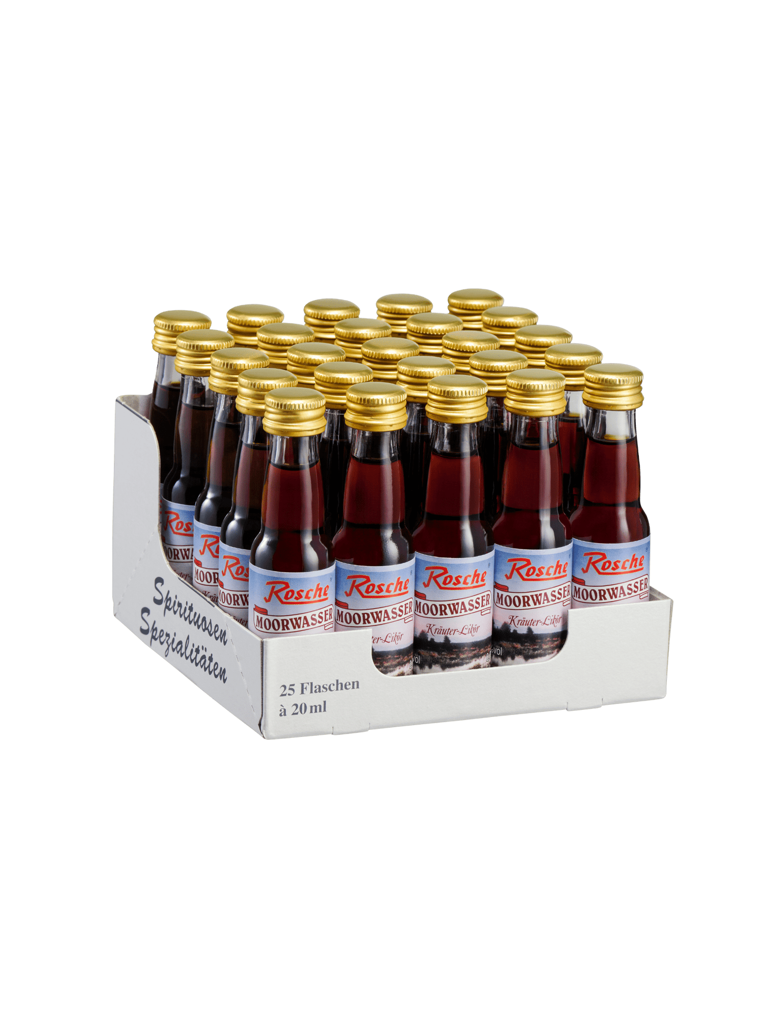 25 Flaschen Rosche Moorwasser Kräuter-Likör à 20 ml in weißer Verpackung mit goldenen Verschlüssen