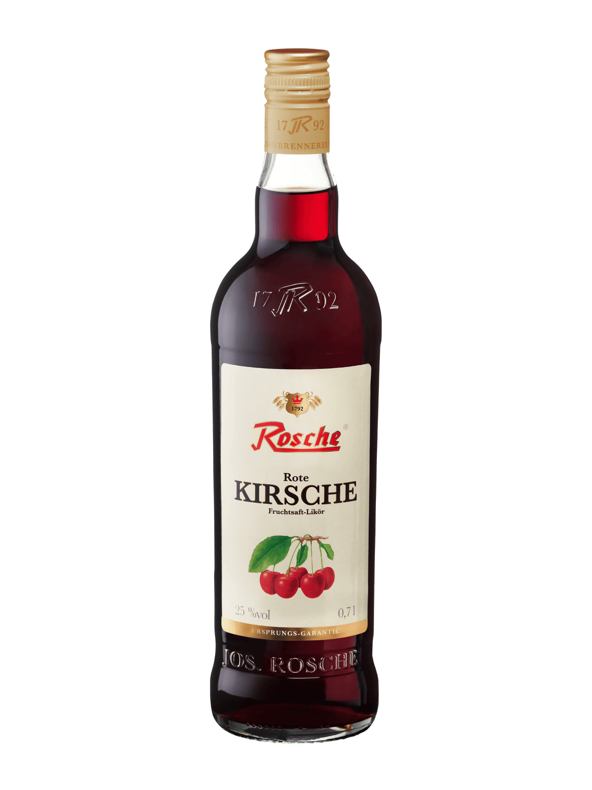 Rosche Rote Kirsche Fruchtsaft-Likör Flasche 0,7l mit Kirschmotiv und 25% Vol