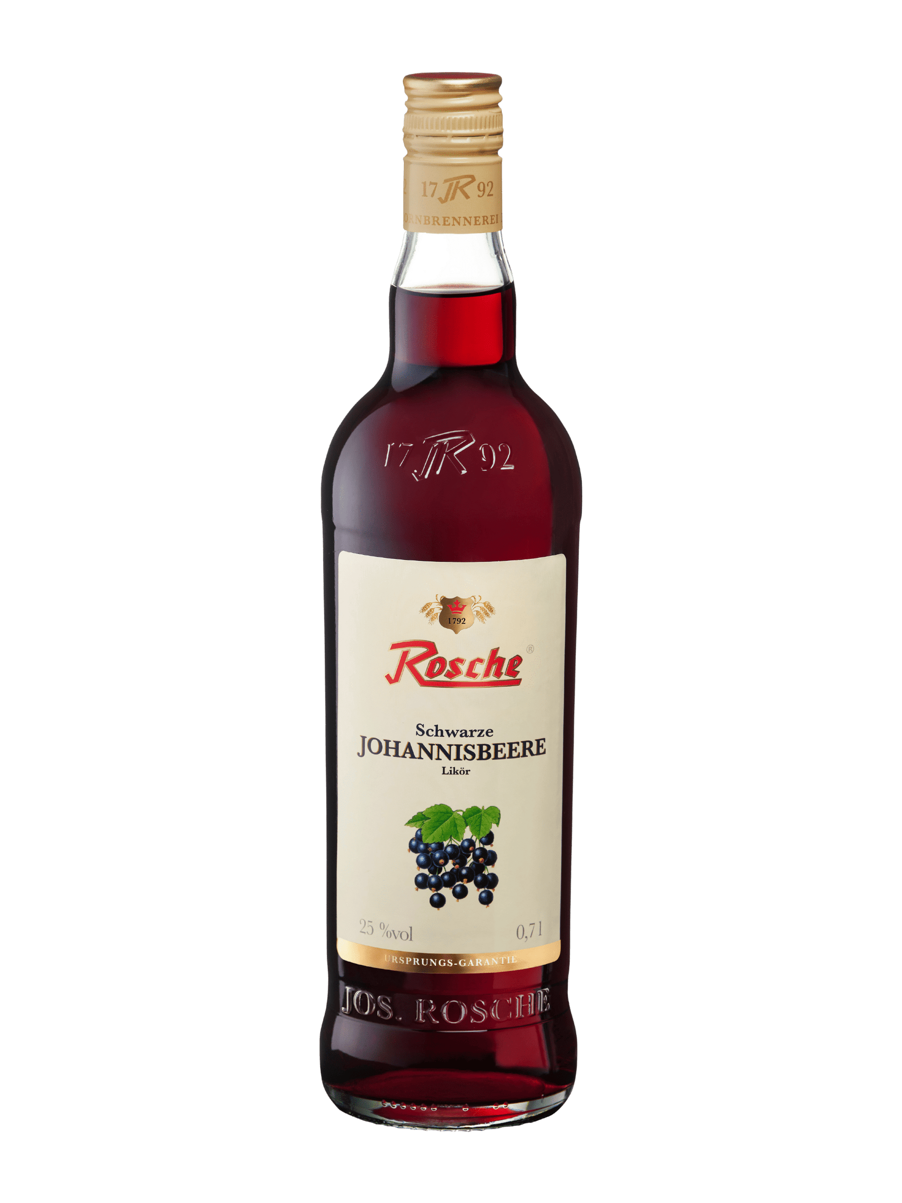 Flasche Rosche Schwarze Johannisbeere Likör 0,7l mit 25% vol, schwarzer Johannisbeere Fruchtetikett