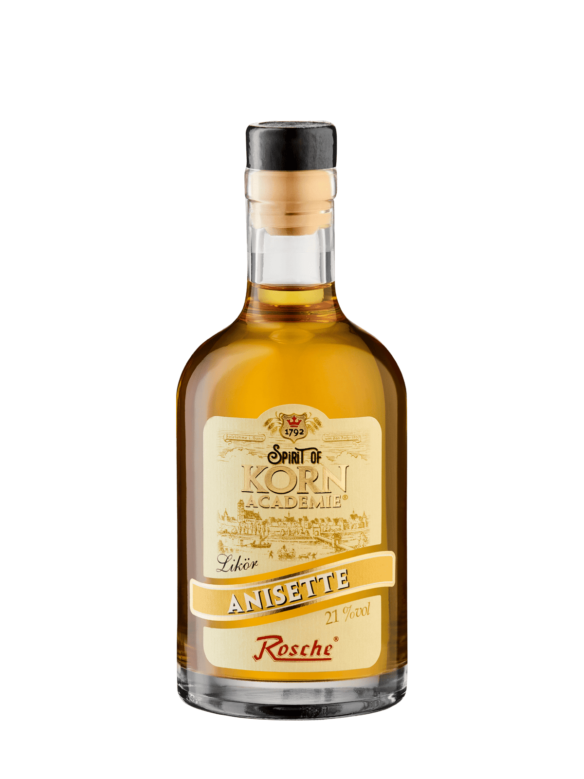 Rosche Spirit of Korn Akademie Anisette Likör 21% Vol Flasche mit goldfarbenem Etikett