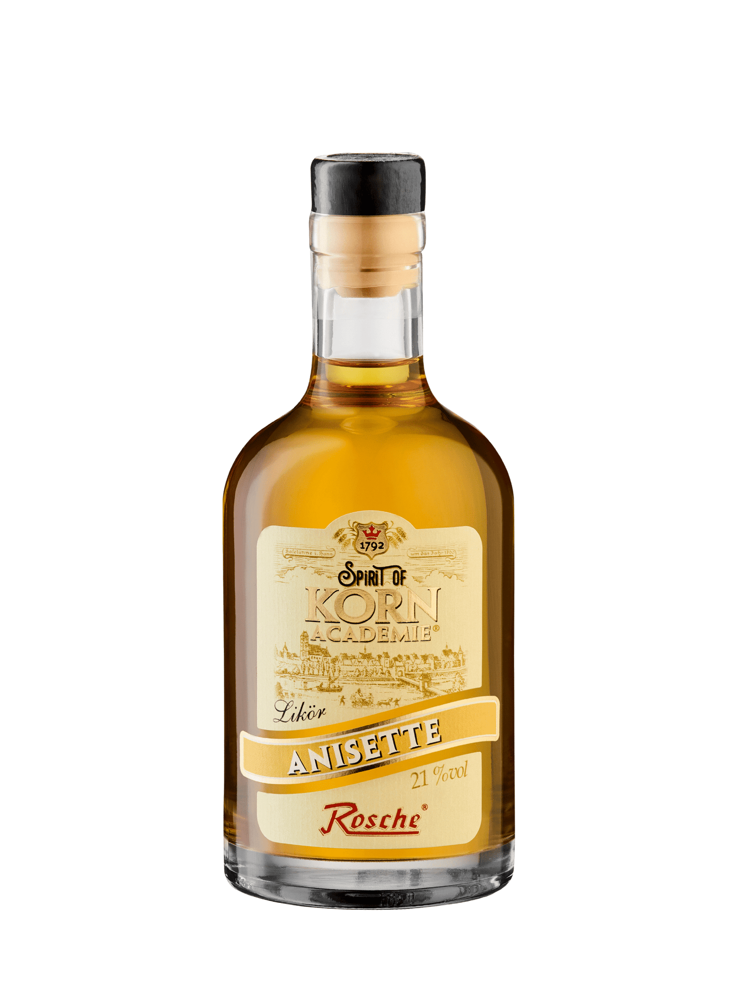 Rosche Spirit of Korn Akademie Anisette Likör 21% Vol Flasche mit goldfarbenem Etikett