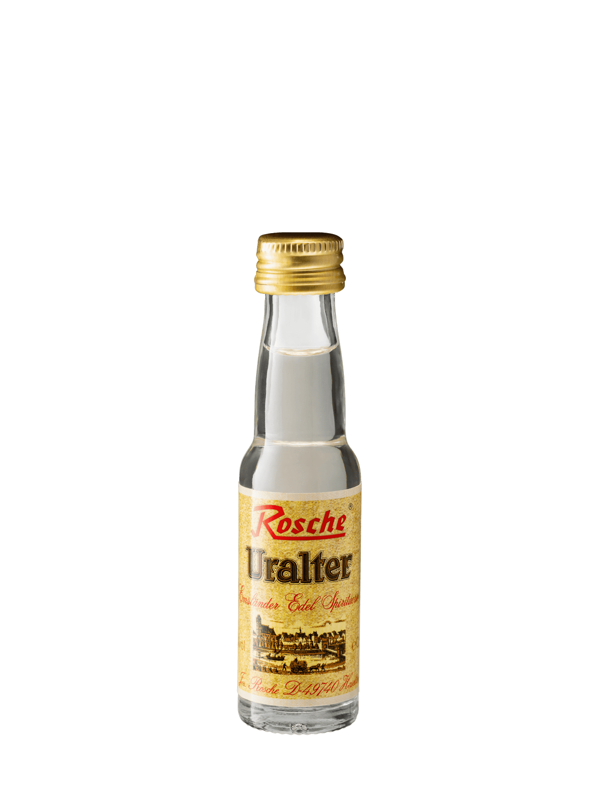 Kleine Flasche Rosche Uralter klarer deutscher Edelspirituose mit goldenem Schraubverschluss