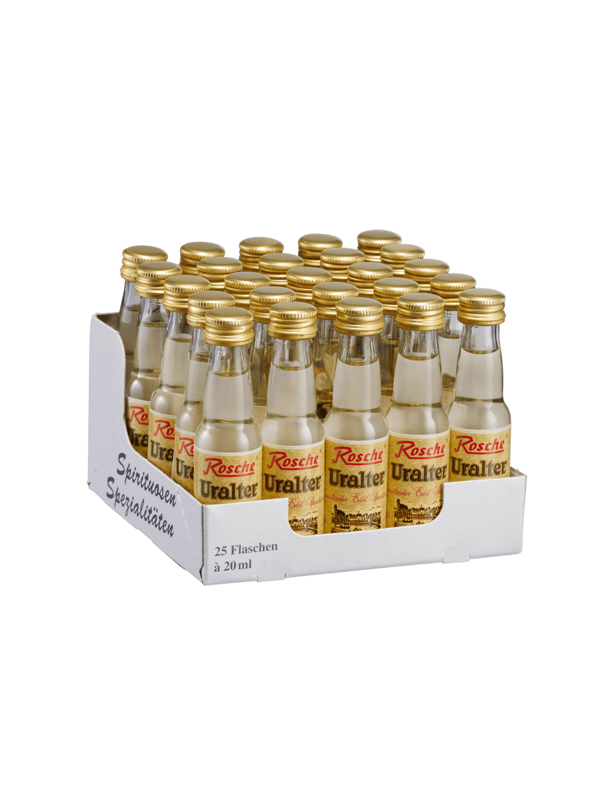 25er Set Rosche Uralter Spirituosen Miniaturen 20ml Flaschen mit goldenen Verschlüssen