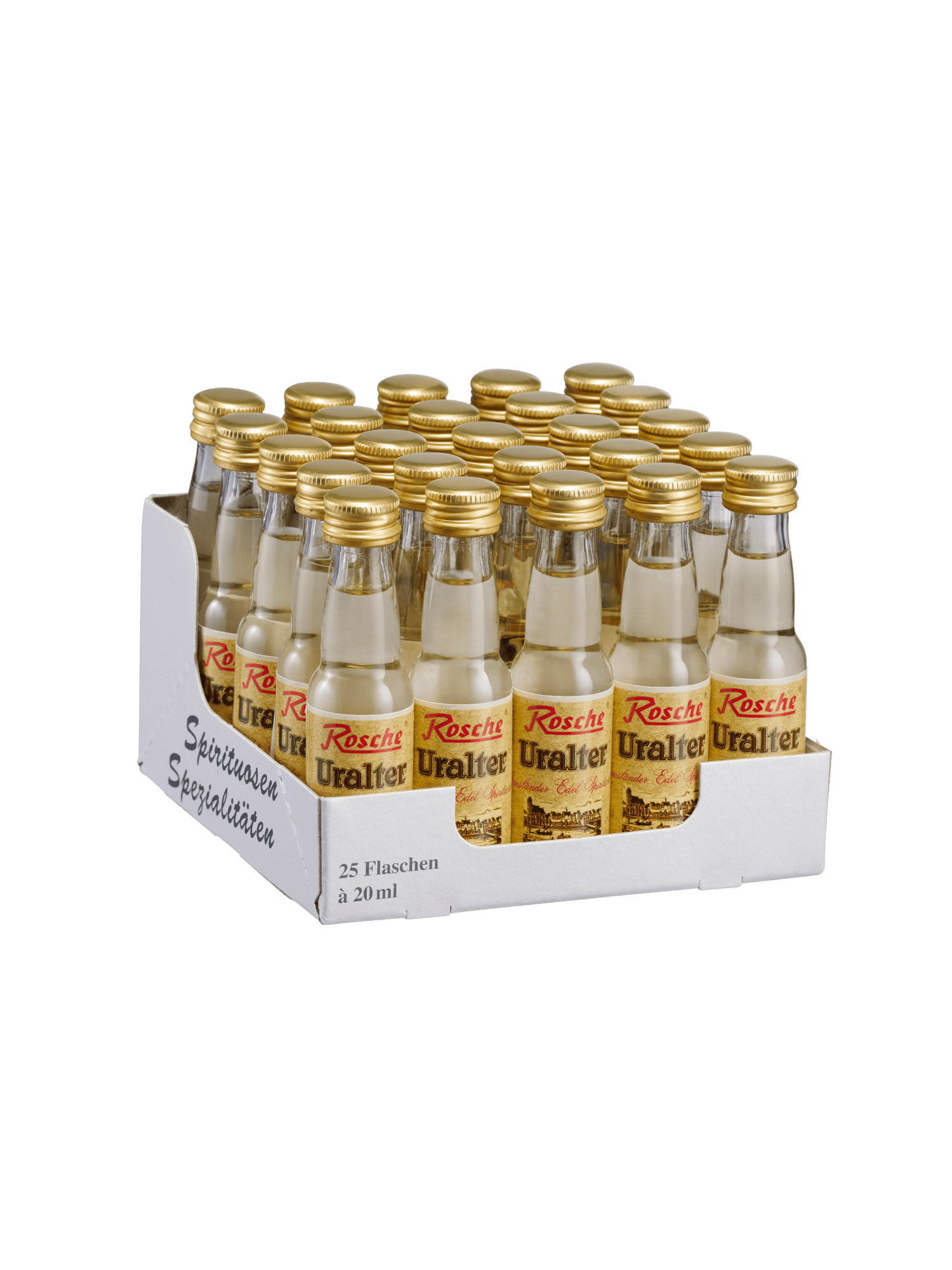 25er Set Rosche Uralter Spirituosen Miniaturen 20ml Flaschen mit goldenen Verschlüssen
