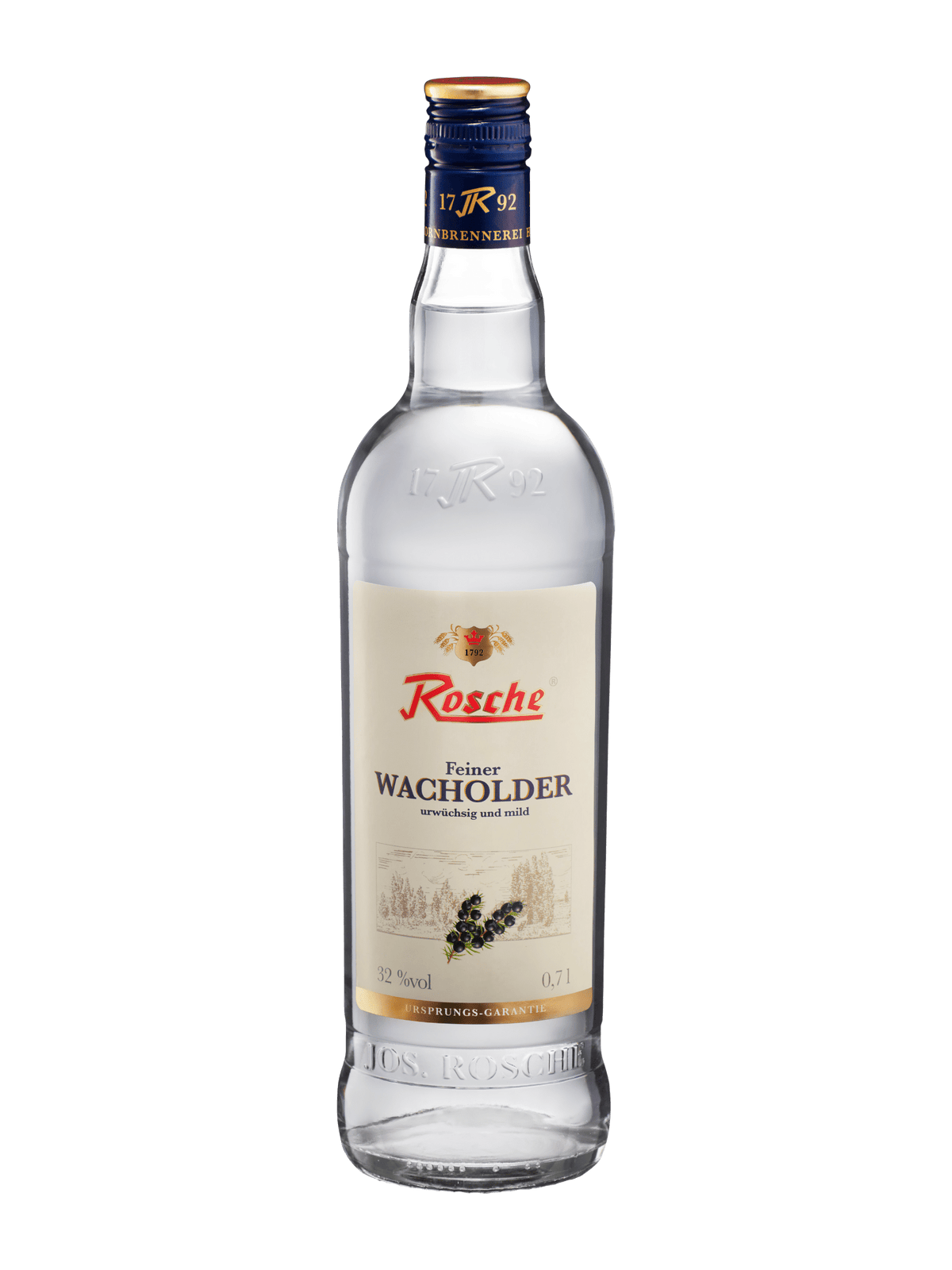 Rosche Feiner Wacholder 0,7l Flasche mit 32% Vol. Wacholderschnaps, klares Etikett mit Beerenbild