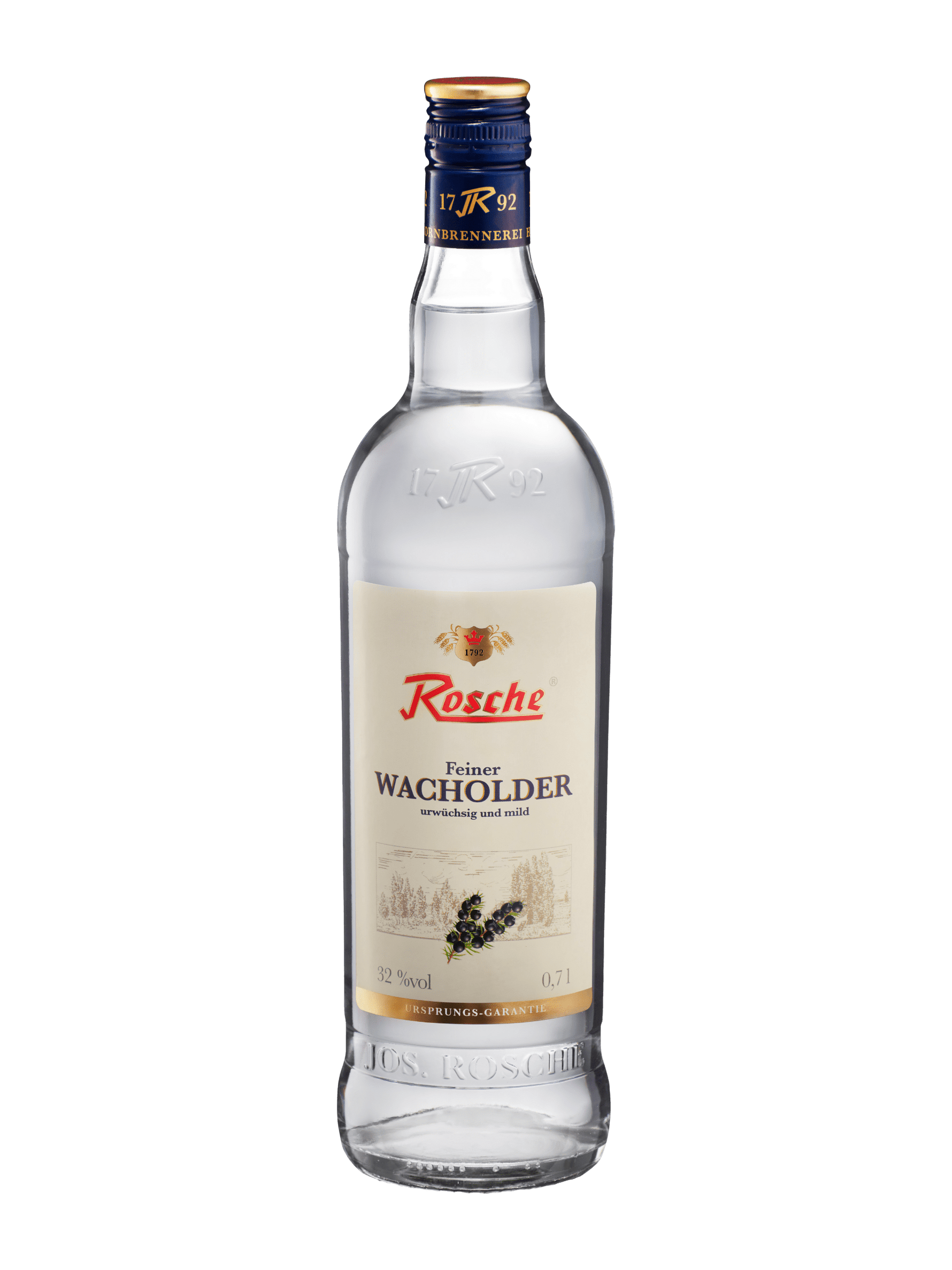 Rosche Feiner Wacholder 0,7l Flasche mit 32% Vol. Wacholderschnaps, klares Etikett mit Beerenbild