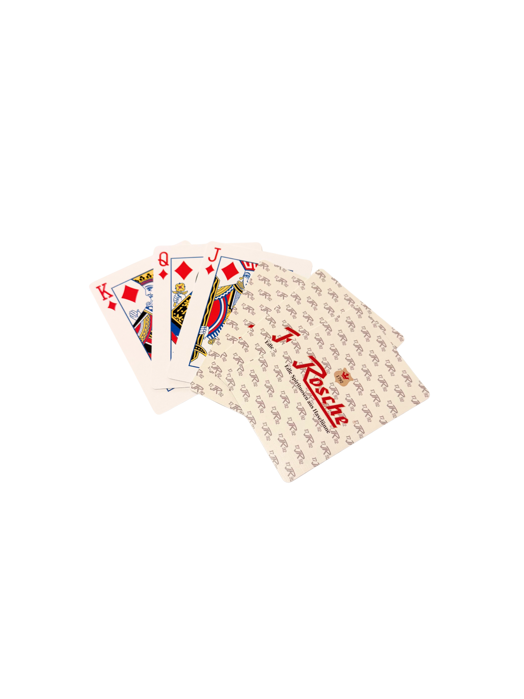 Rosche Kartenspiel mit 54 Karten - hier 6 Karten zu sehen - 3x Vorderseite 3x Rückseite mit Rosche Branding 