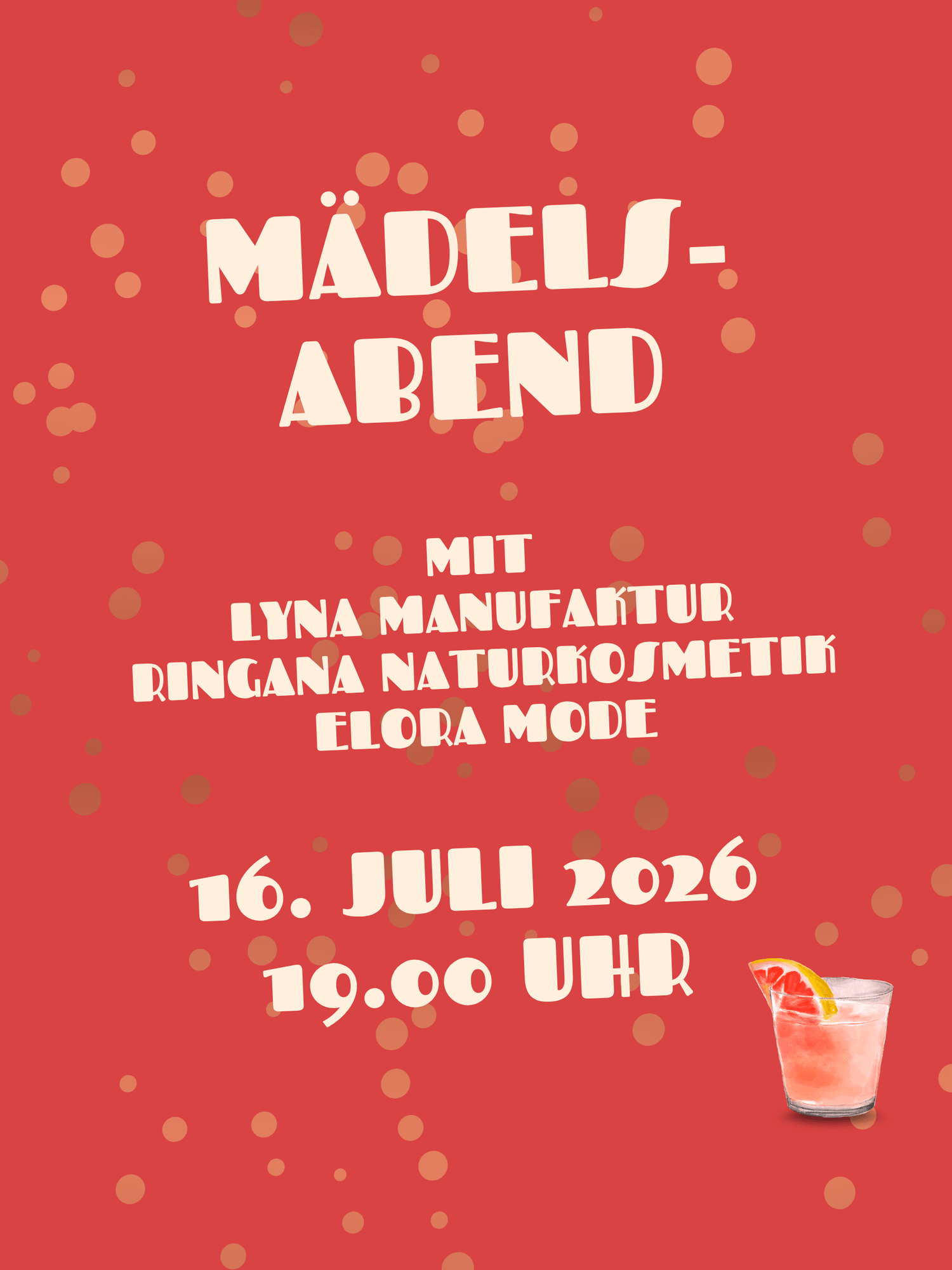 Banner für den Rosche Mädelsabend am 16.07.2026 ab 19 Uhr im Besucherzentrum mit mehreren Ausstellern für Mode, Schmuck und Naturkosmetik