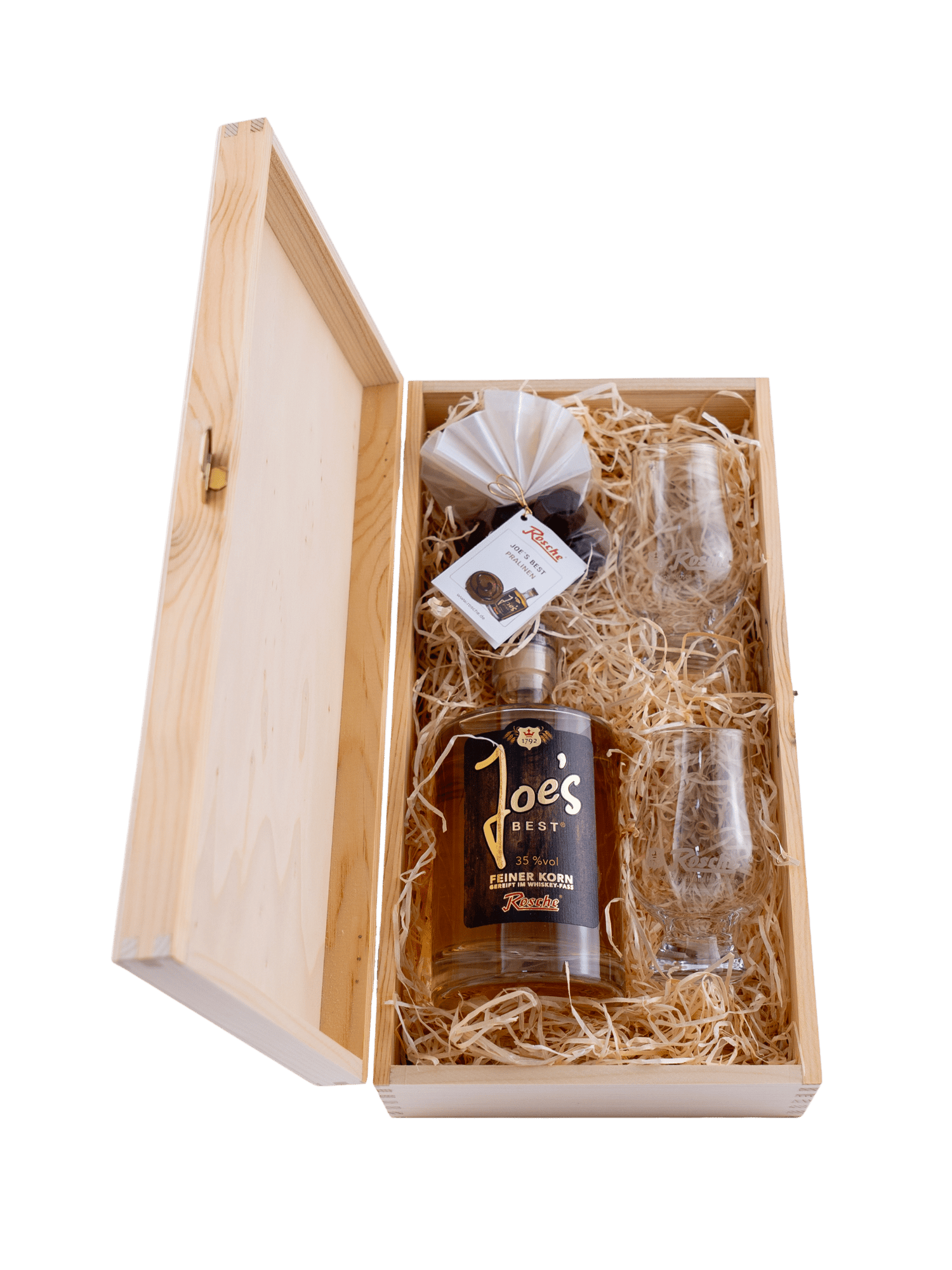 Genuss-Set "Winter II" - Joe's Best 35%vol, 2 Glencairn Gläser und Trüffel-Pralinen in Holzbox - HS