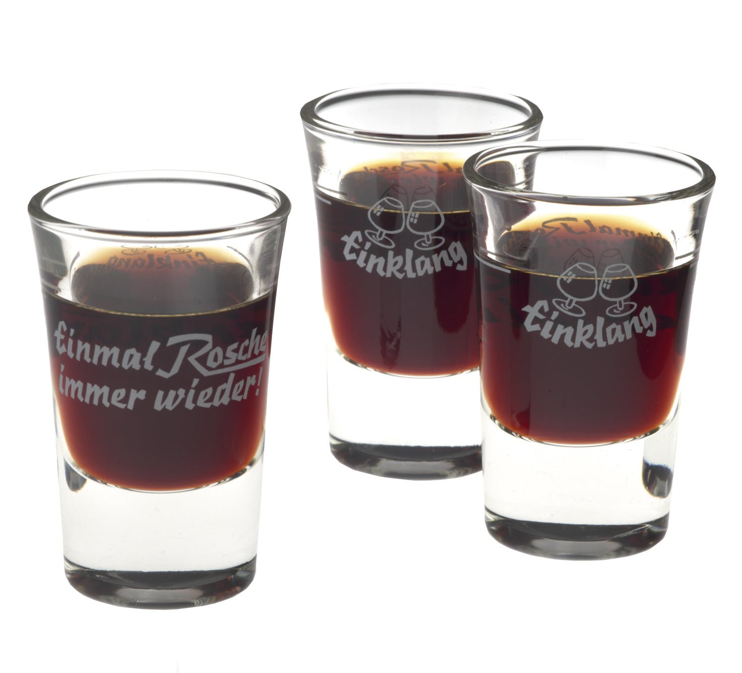 Drei Schnapsgläser mit dunklem Moorwasser Likör, bedruckt mit Schrift und Logo