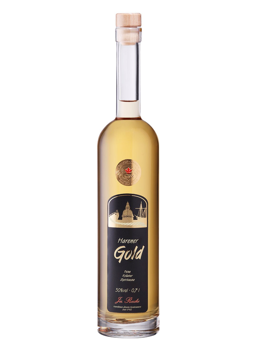 Flasche Harener Gold Kräuter Spirituose, 30% vol, 0,7 l, Türkorken, goldfarbener Inhalt