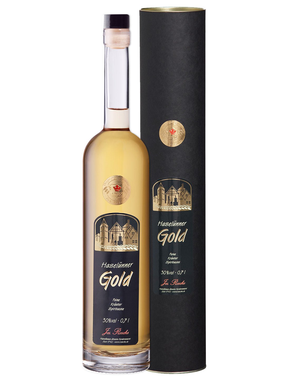 Flasche Haselünner Gold feine Kräuter Spirituose 30% vol 0,7 l mit schwarzer Geschenkverpackung